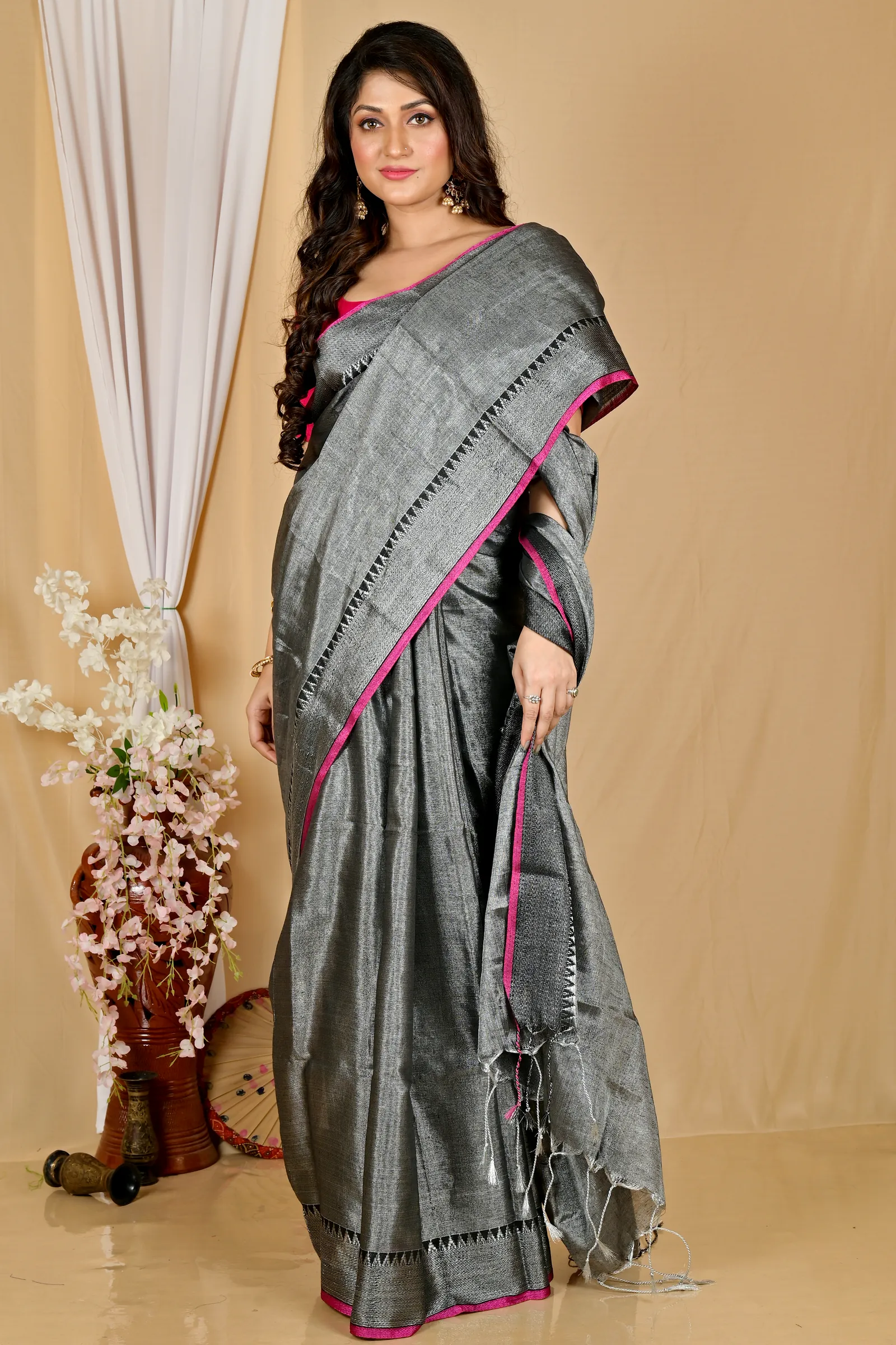 Dark Grey Cotton Silk Tisuka Par Hand Loom Saree (2071)