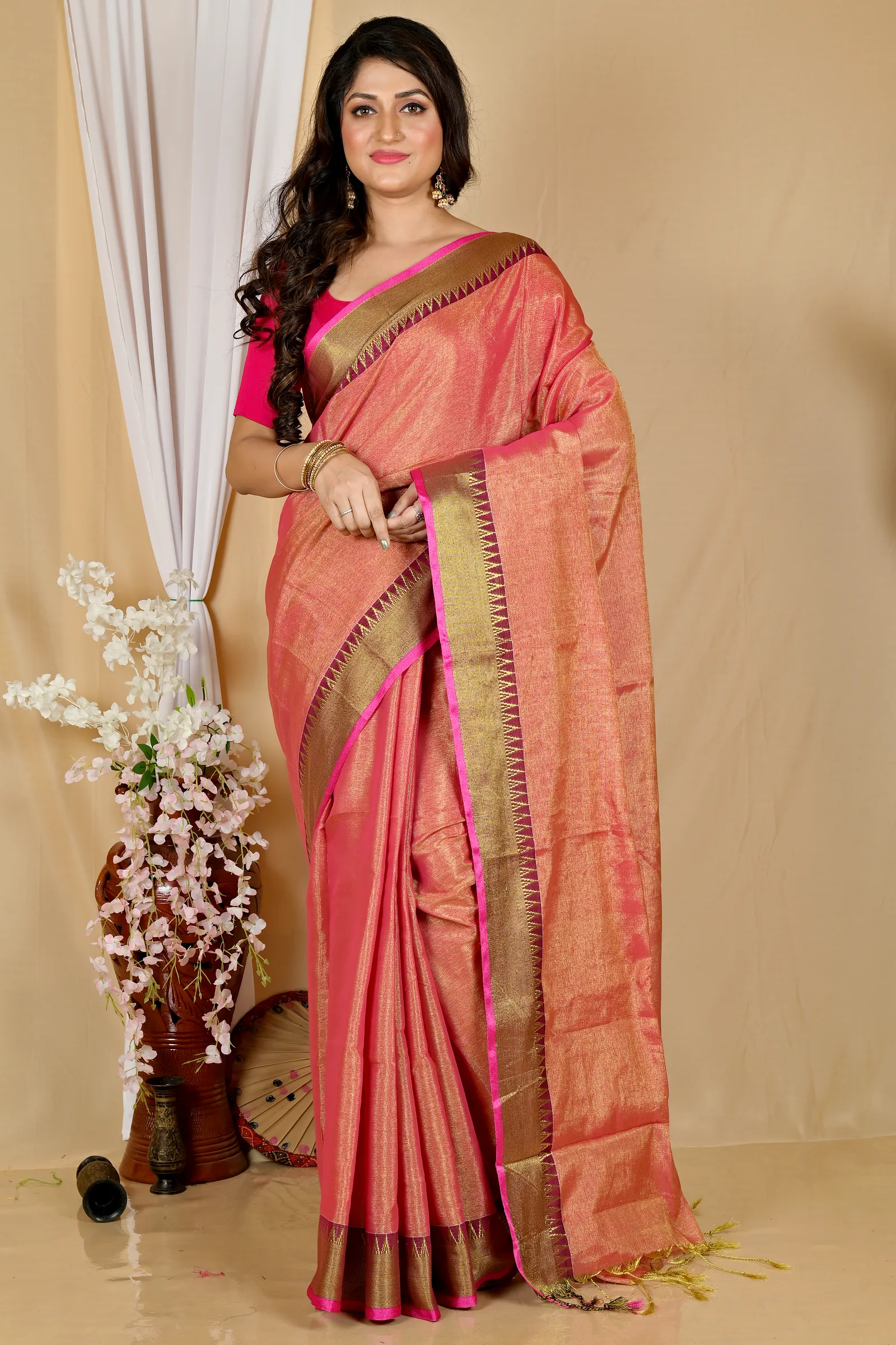 Golden Pink Cotton Silk Tisuka Par Hand Loom Saree (2072)