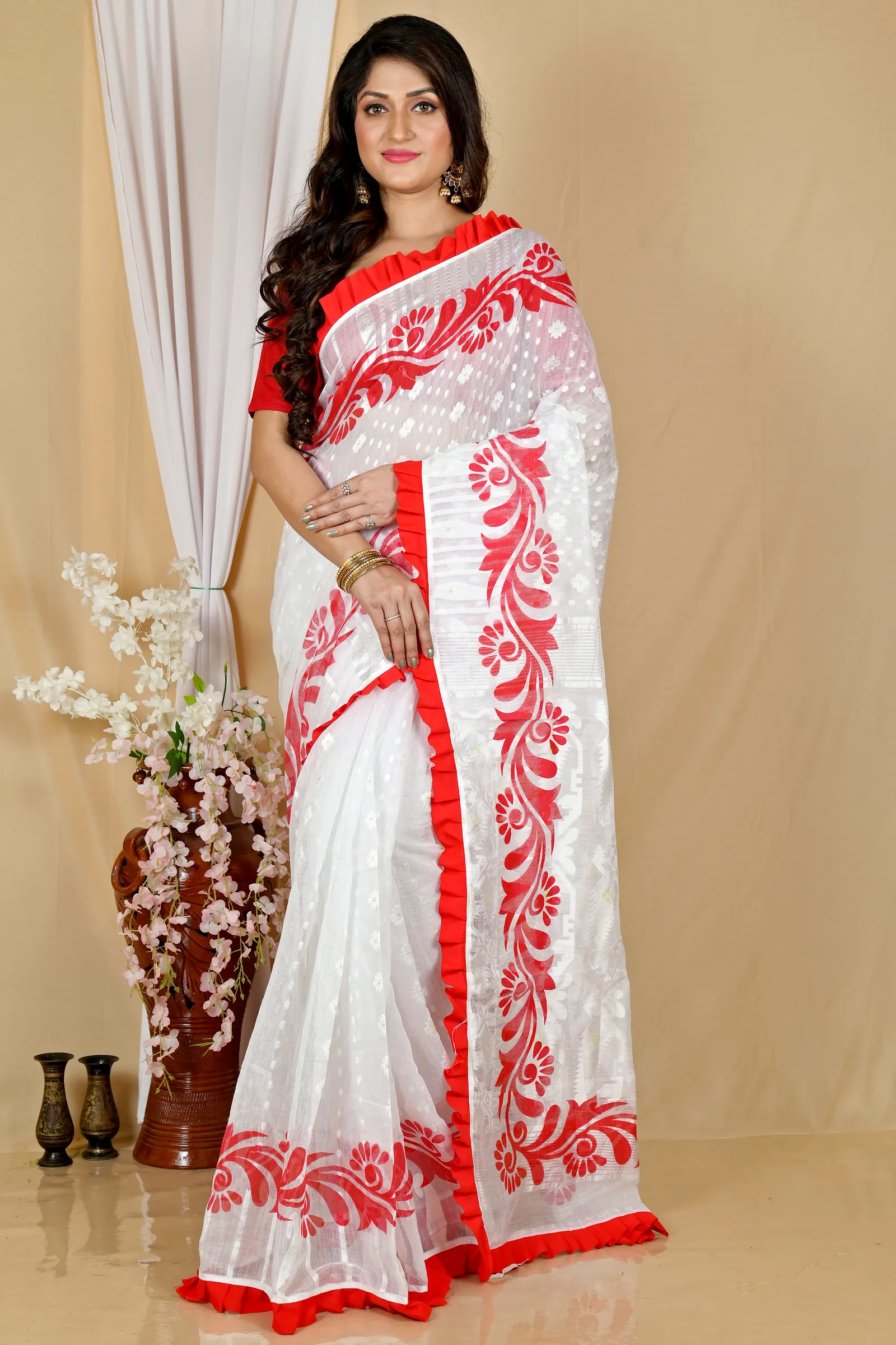 White Red Pure Cotton Borma Hand Loom Saree (2073)