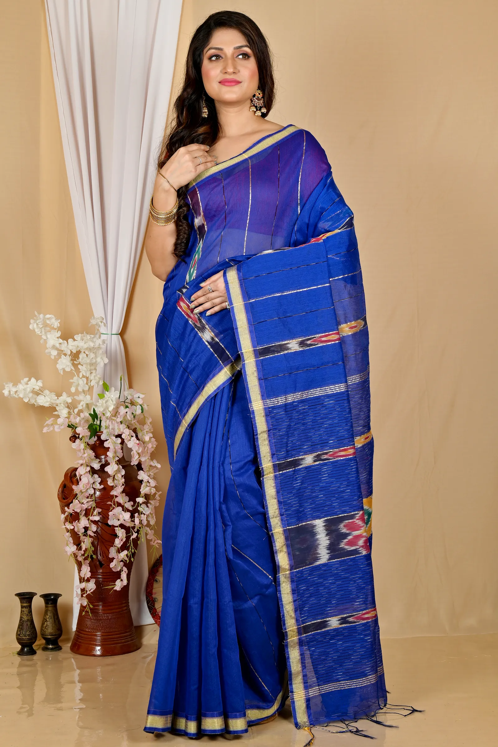 Naby Blue Blended Cotton Setori Hand Loom Saree (2075)