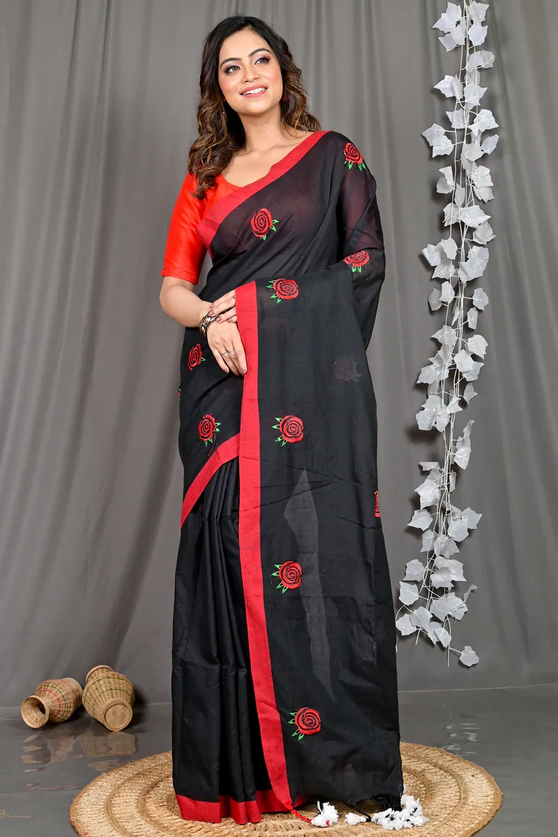 Black Pure Cotton Parag Embroidery Handloom saree (208)