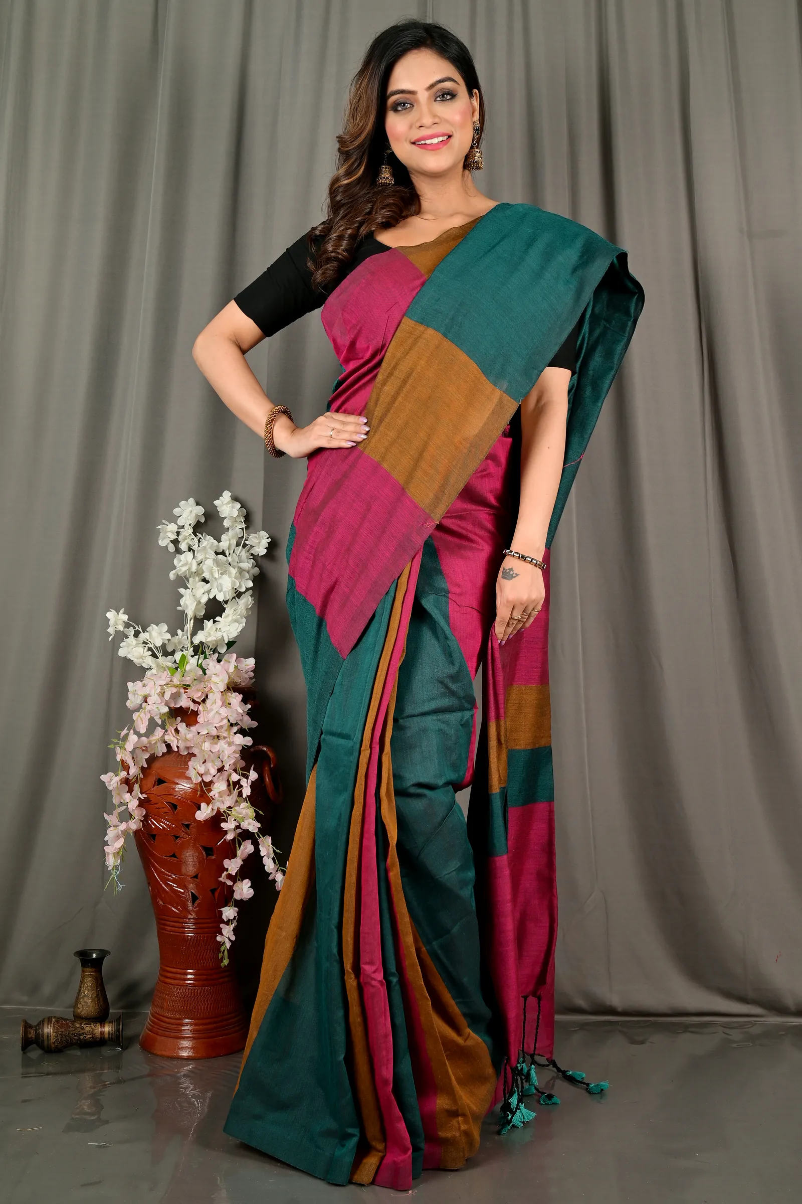 Purple Green Pure Cotton Nator Hand Loom Saree (2086)