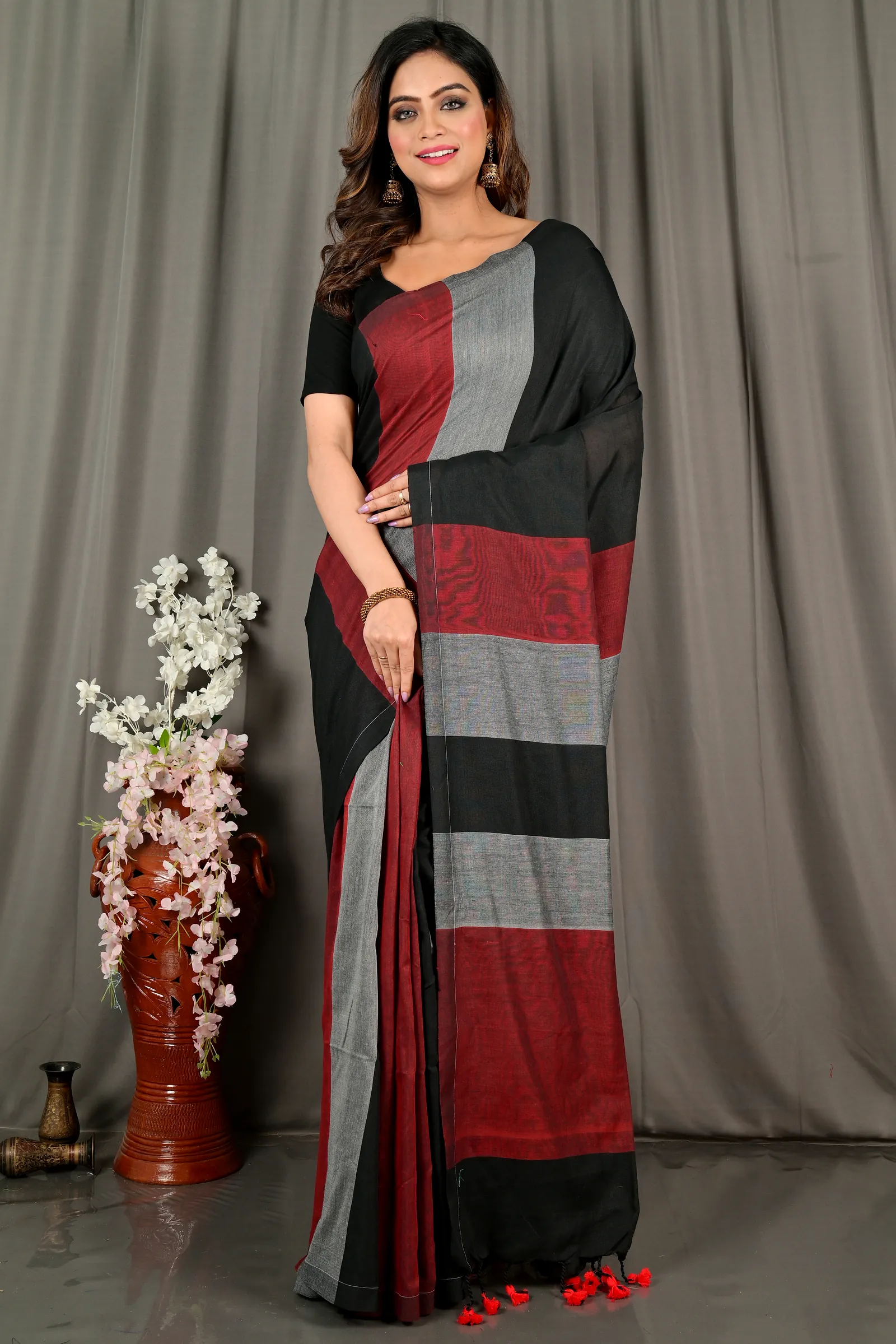 Black Brown Pure Cotton Nator Hand Loom Saree (2087)