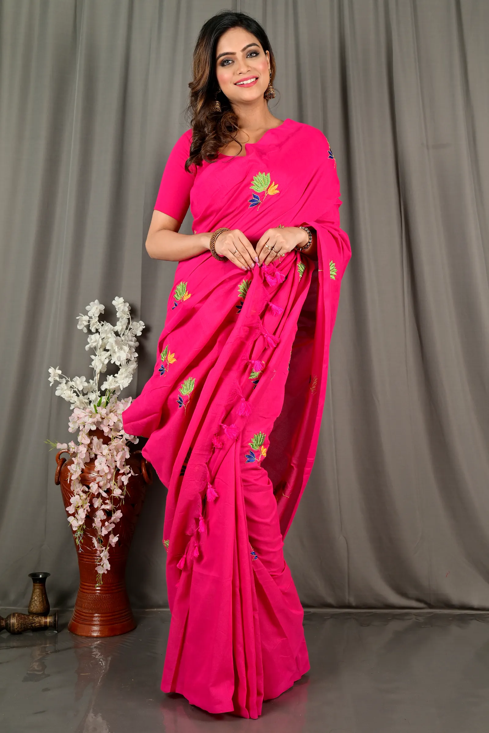Pink Pure Cotton Umkor Than Embroidery Handloom saree (2090)