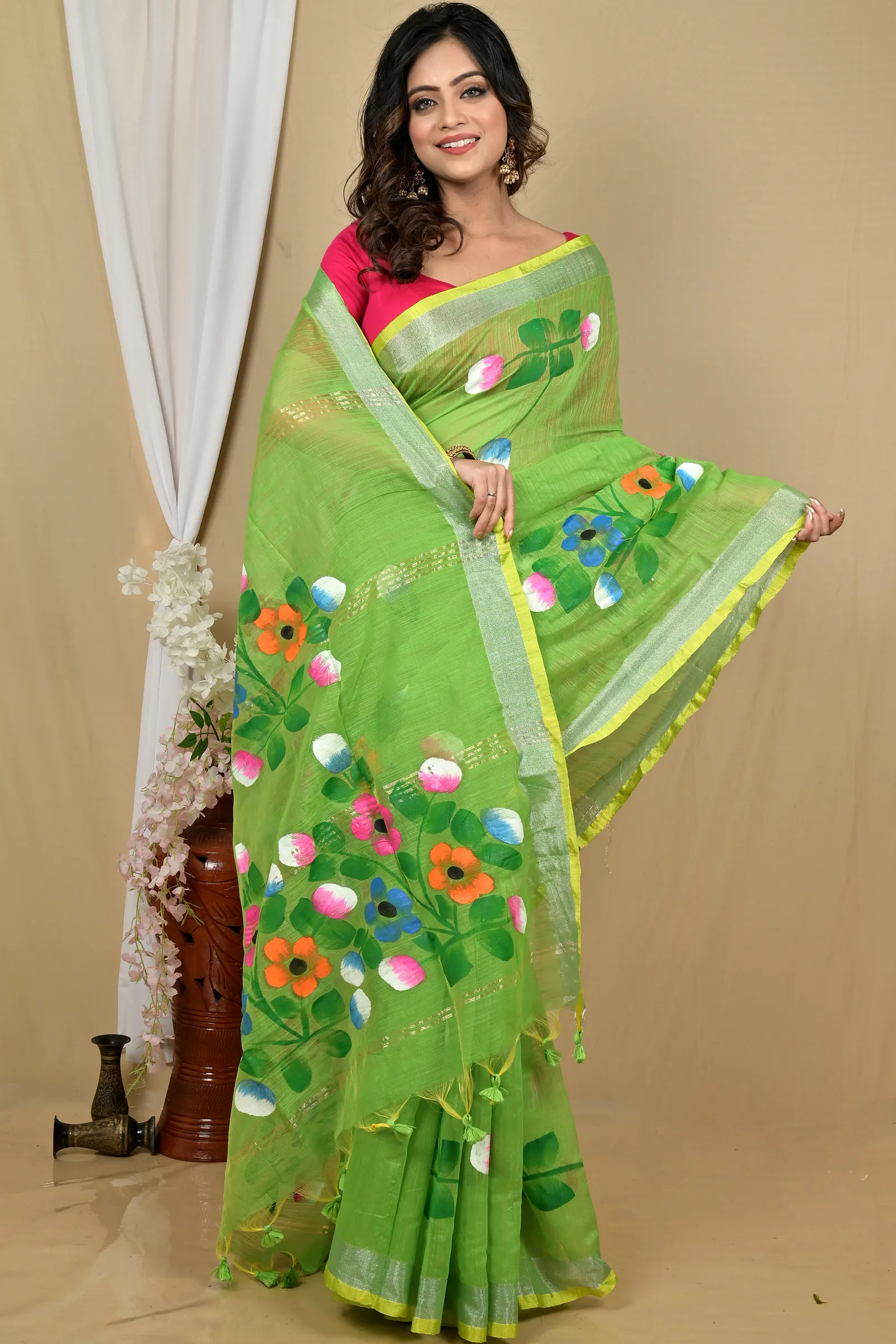 Green Blended Cotton Anito Hand Painted Saree (2099)