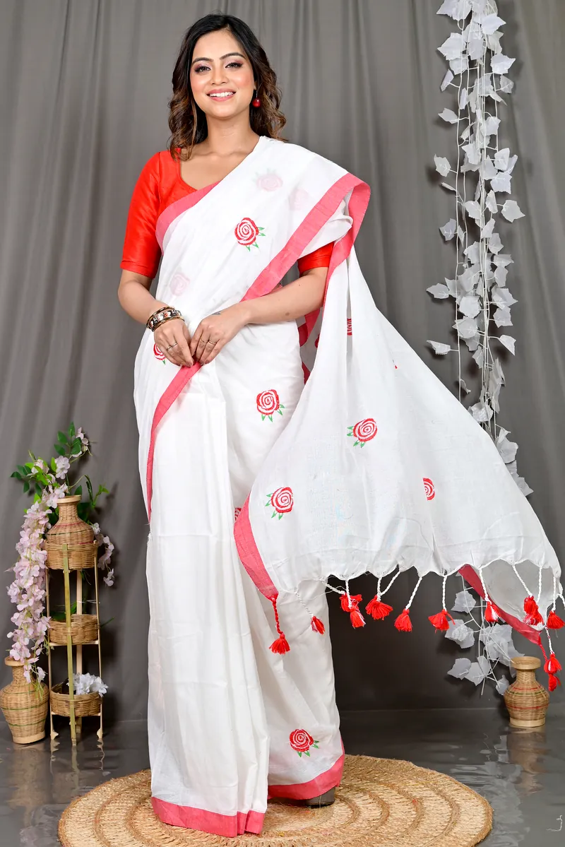 White Pure Cotton Parag Embroidery Handloom saree (210)