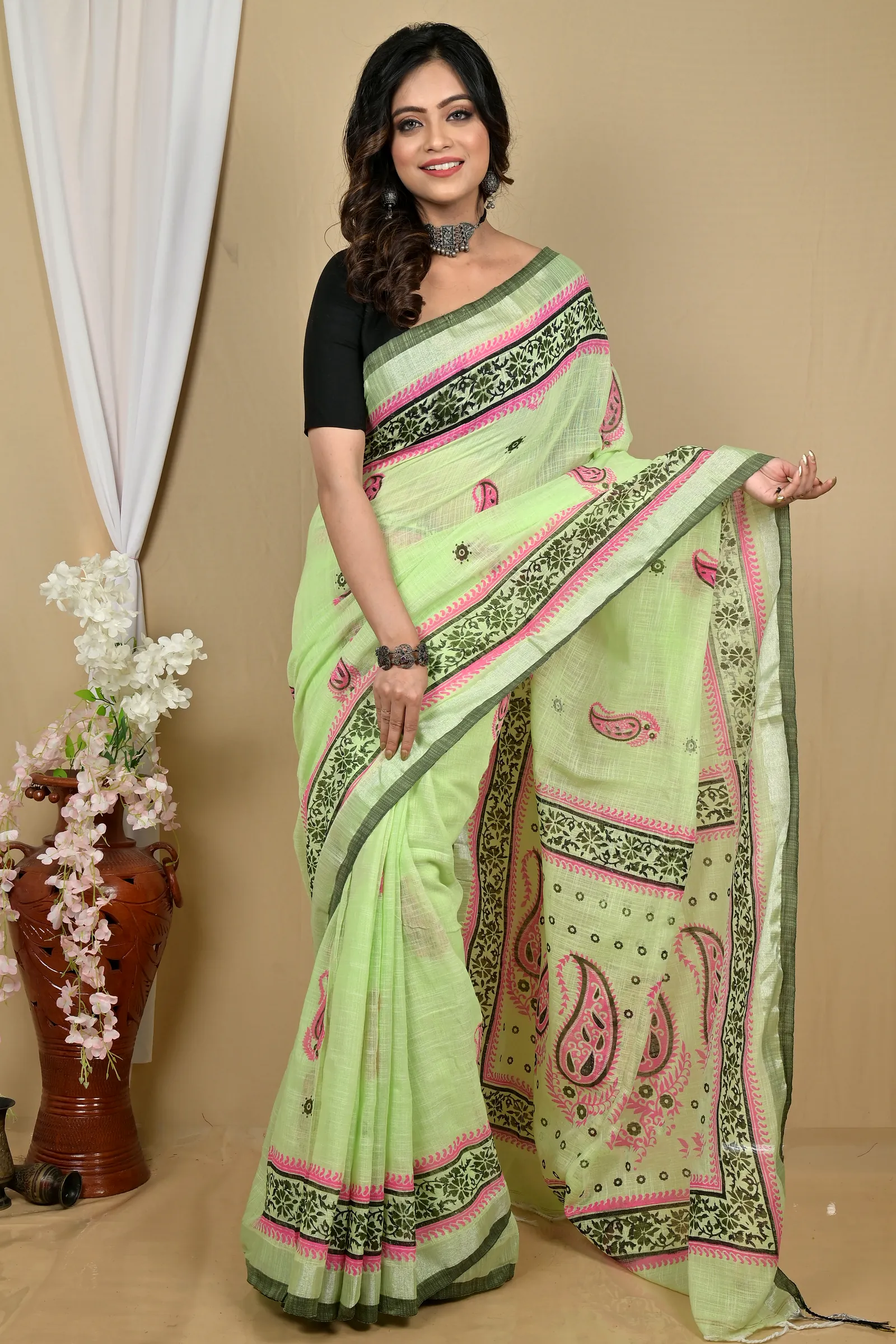 Light Green Pure Cotton Hilda Printed Handloom Saree (2104)
