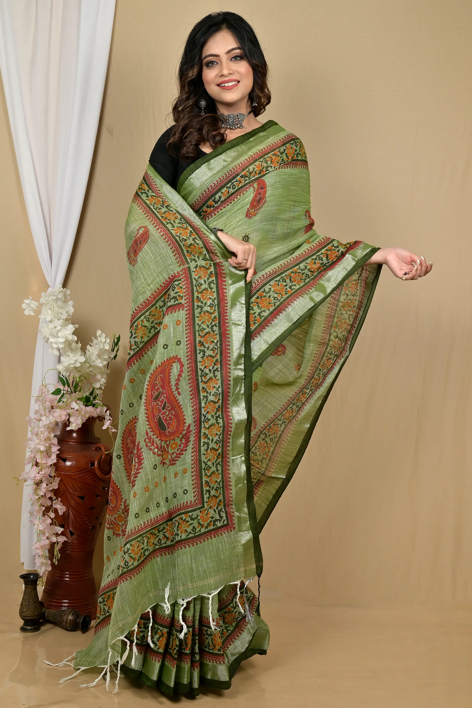 Dark Green Pure Cotton Hilda Printed Handloom Saree (2105)