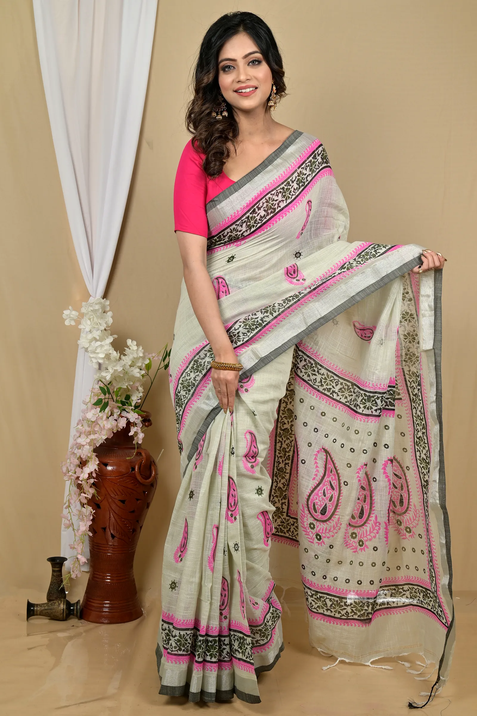 Grey Pink Pure Cotton Hilda Printed Handloom Saree (2107)