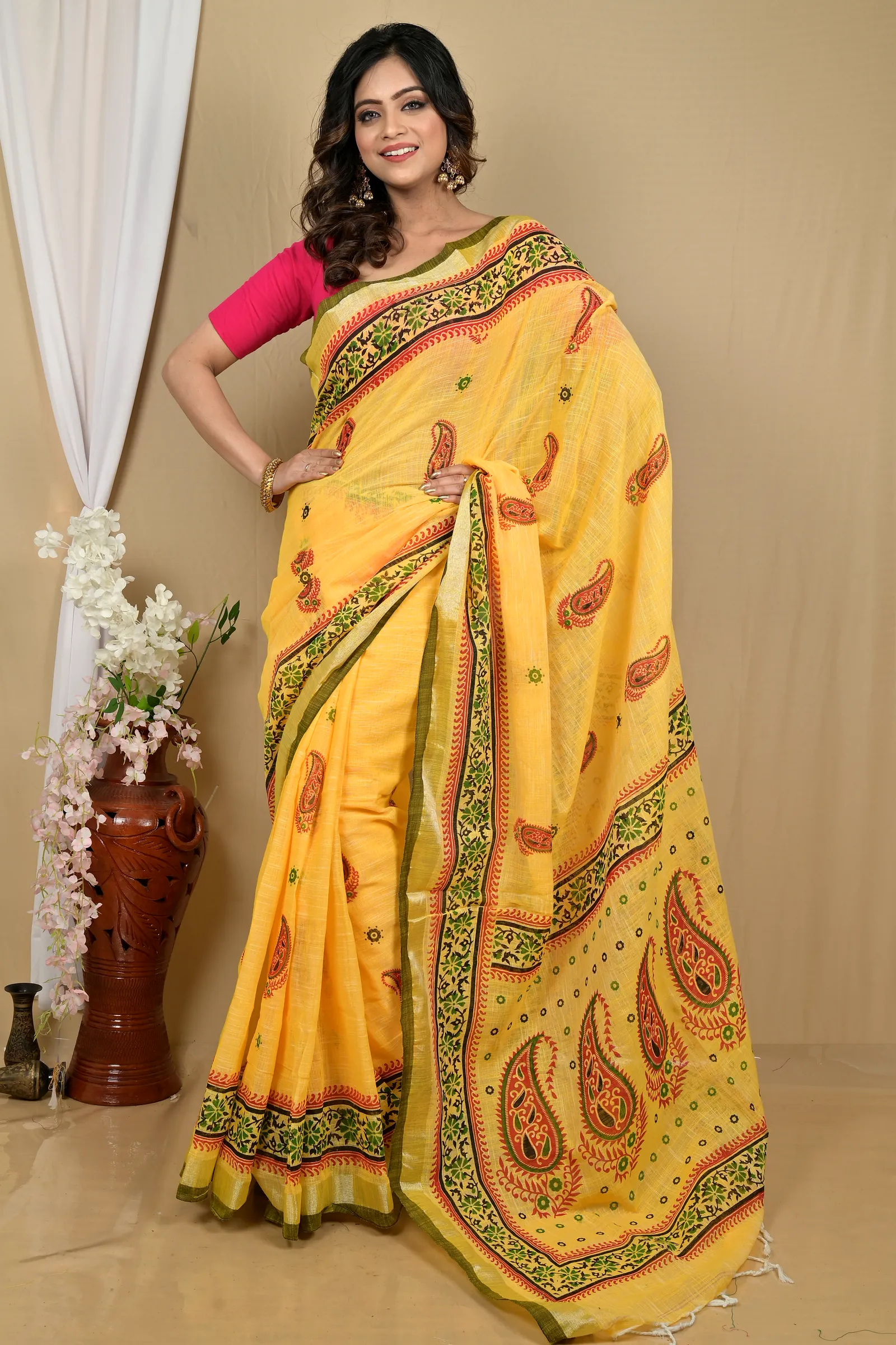 Yellow Pure Cotton Hilda Printed Handloom Saree (2108)