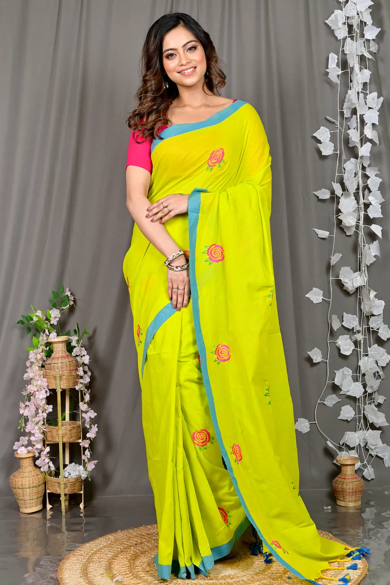 Lime Green Pure Cotton Parag Embroidery Handloom saree (211)