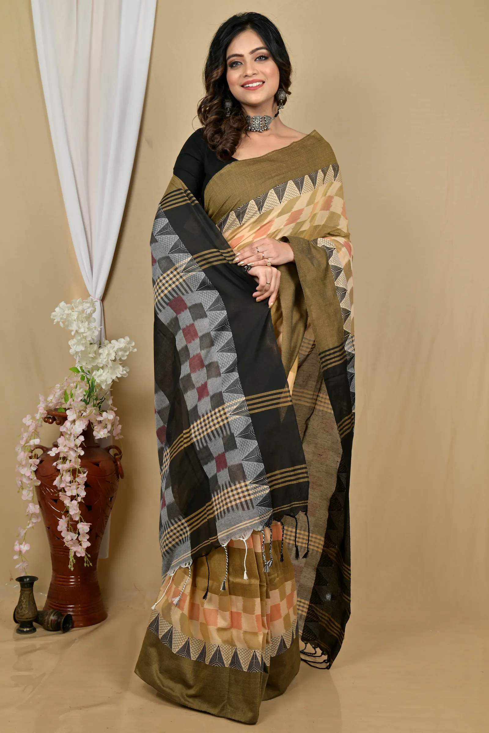 Brown Black Pure Cotton Hiran Hand Loom Saree (2111)