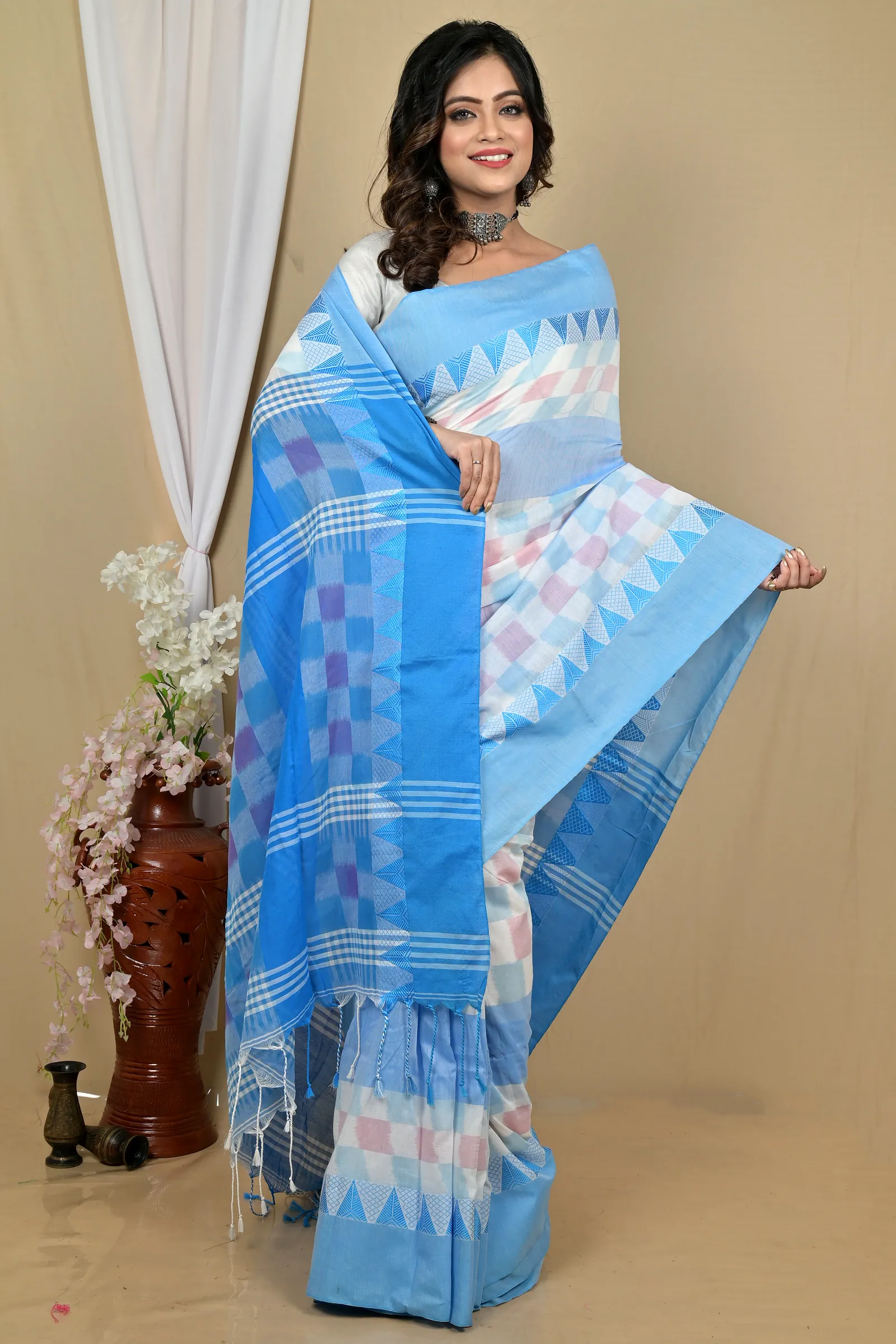 Sky Blue White Pure Cotton Hiran Hand Loom Saree (2112)