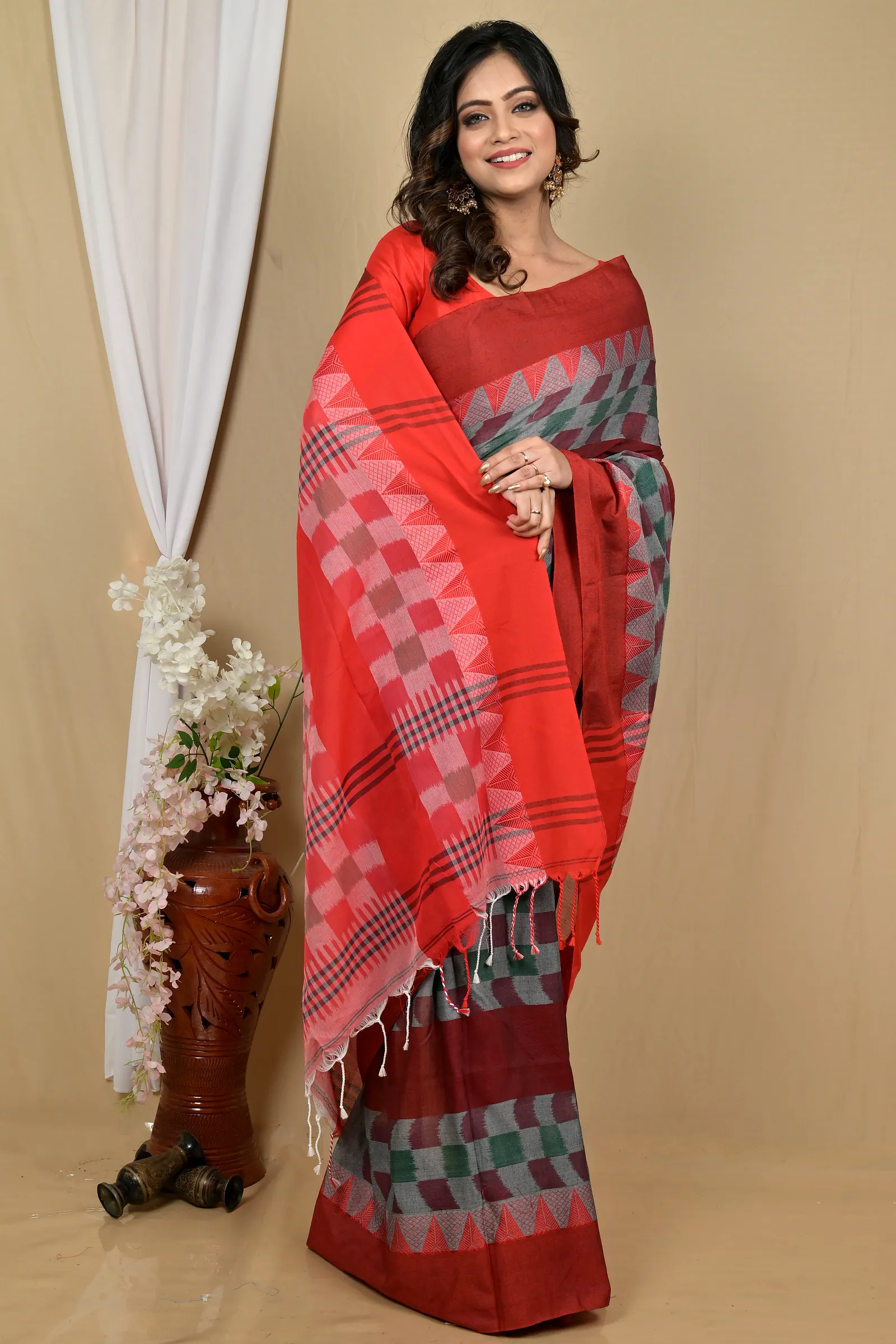 Red Brown Pure Cotton Hiran Hand Loom Saree (2116)