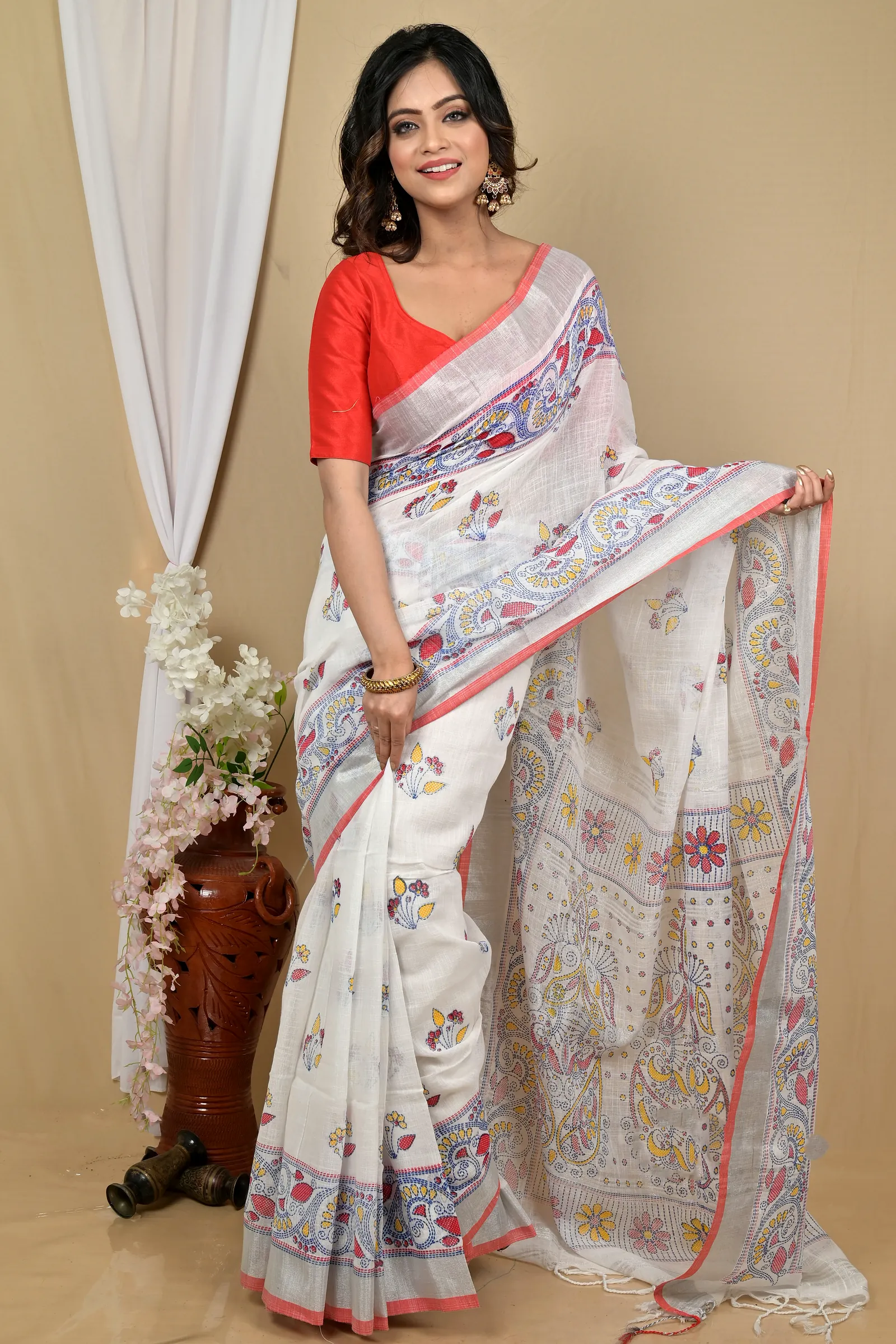 White Red Pure Cotton Hiral Printed Handloom Saree (2119)