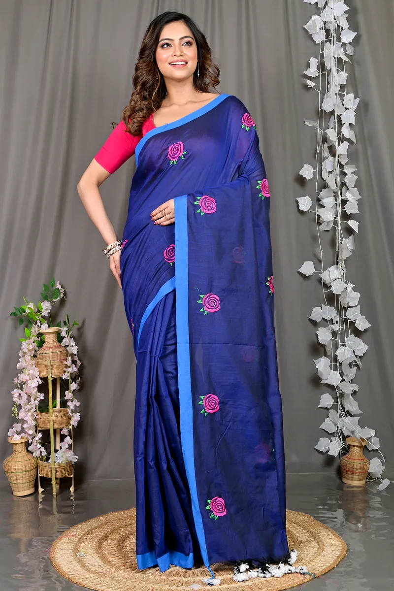 Naby Blue Pure Cotton Parag Embroidery Handloom saree (212)