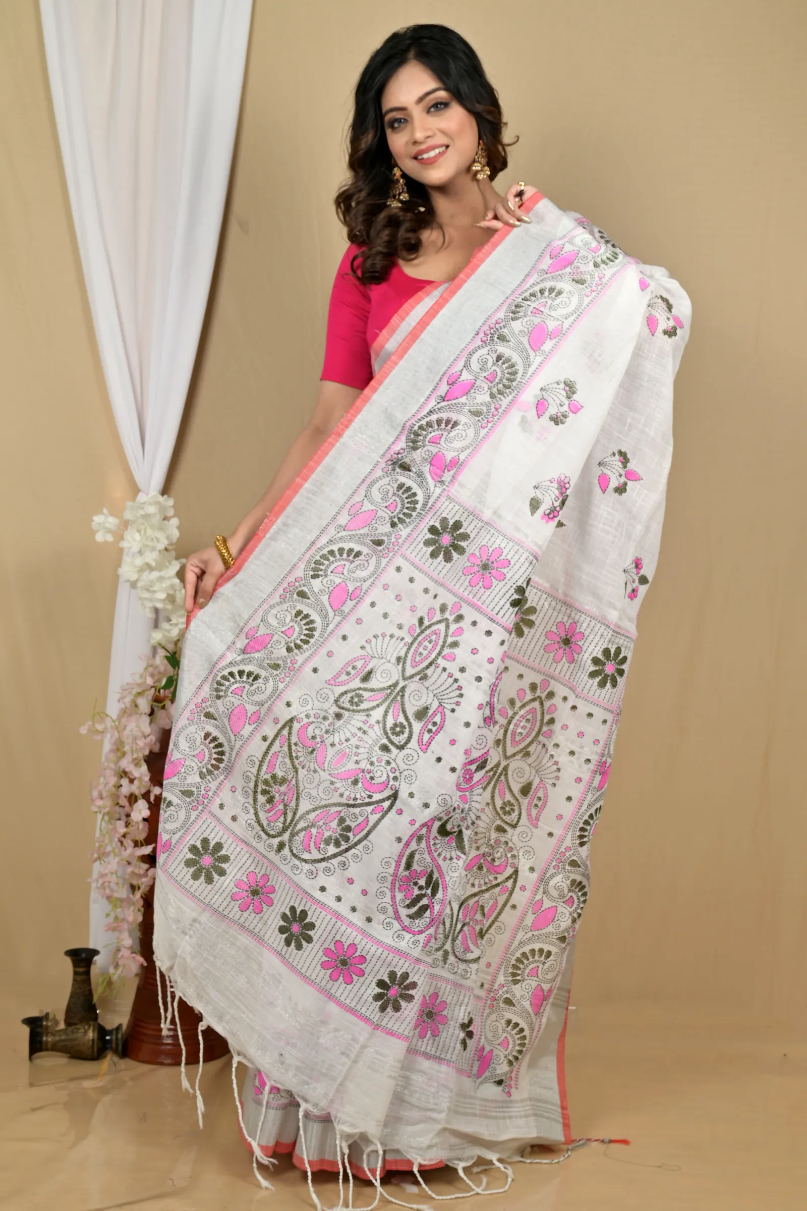 White Pink Pure Cotton Hiral Printed Handloom Saree (2120)