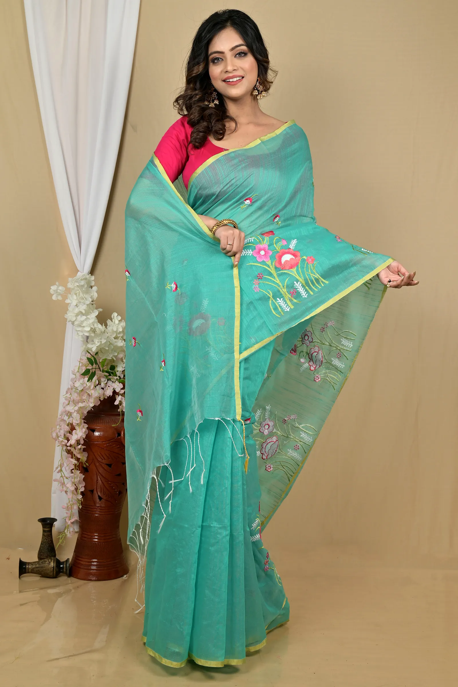 See Green Blended Cotton Himika Embroidery Handloom saree (2122)
