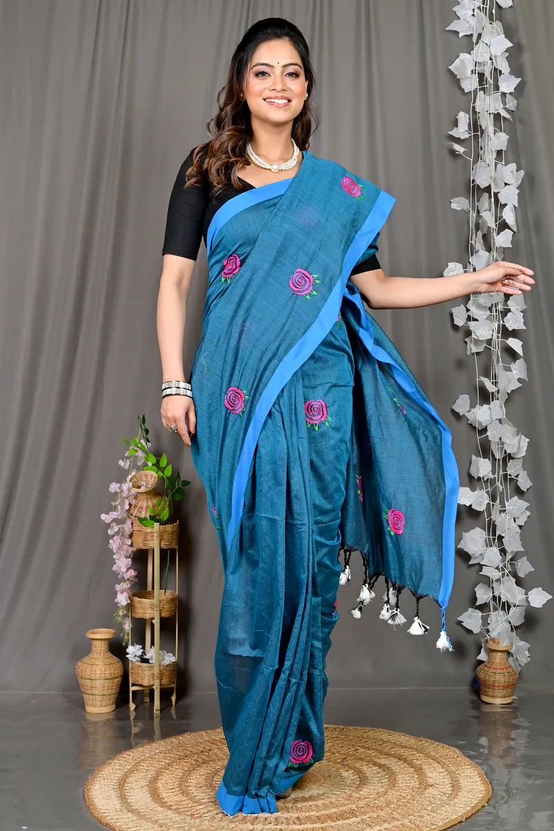 Cobalt Blue Pure Cotton Parag Embroidery Handloom saree (213)