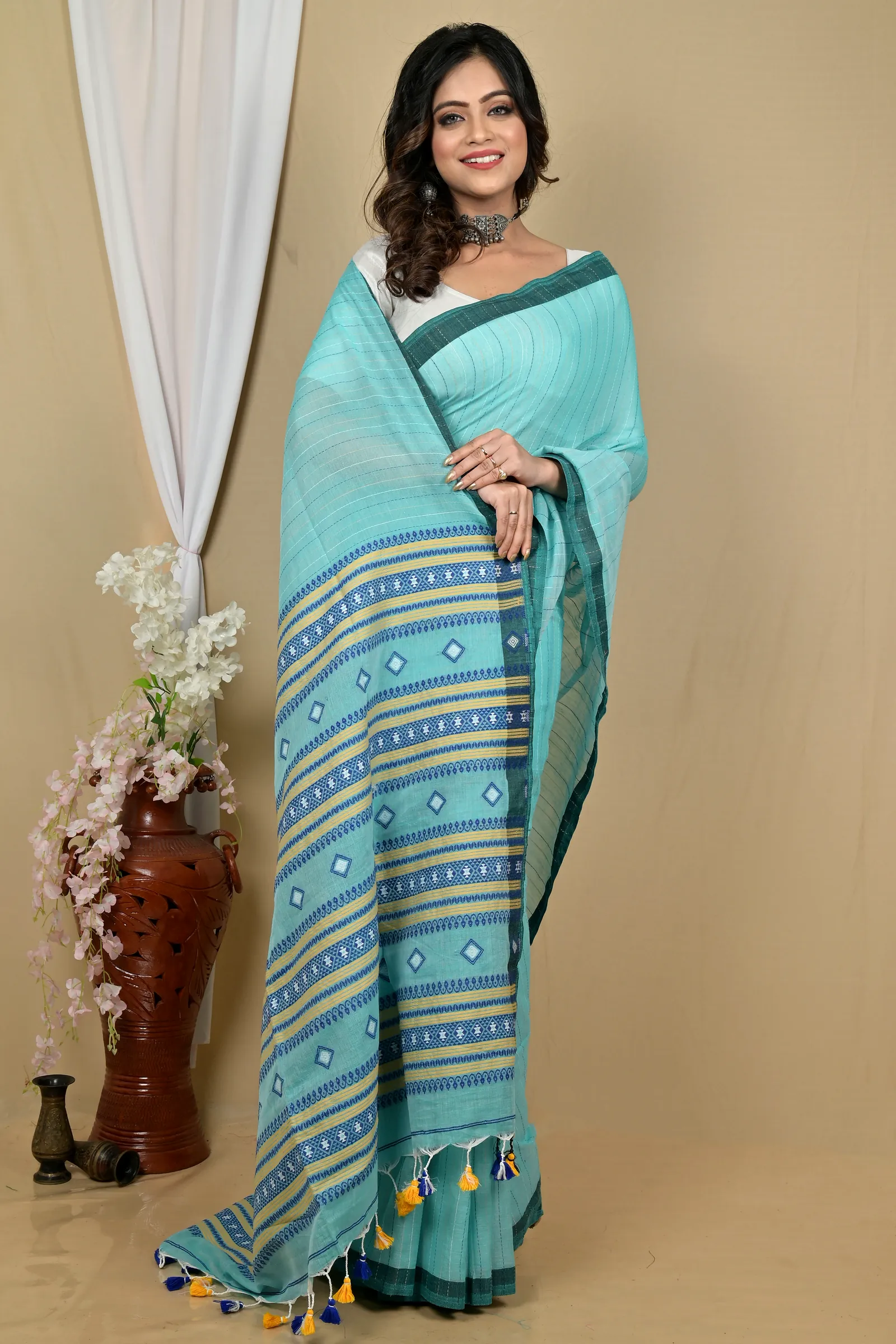 See Green Pure Cotton Hima Hand Loom Saree (2132)
