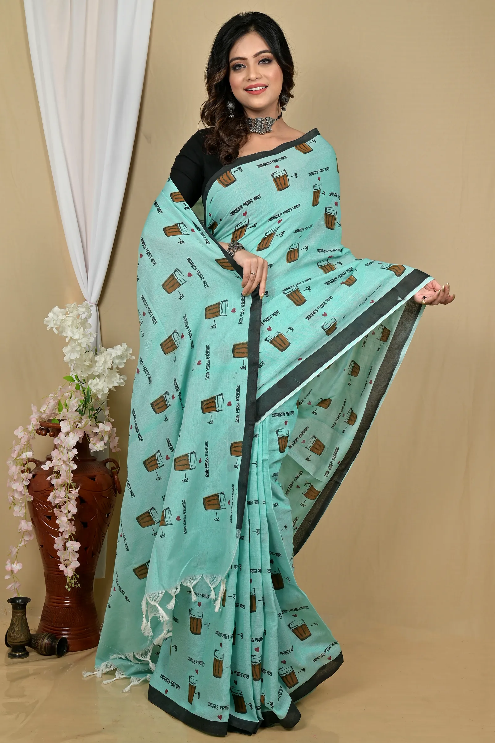 See Green Pure Cotton Pinal Printed Handloom Saree (2133)