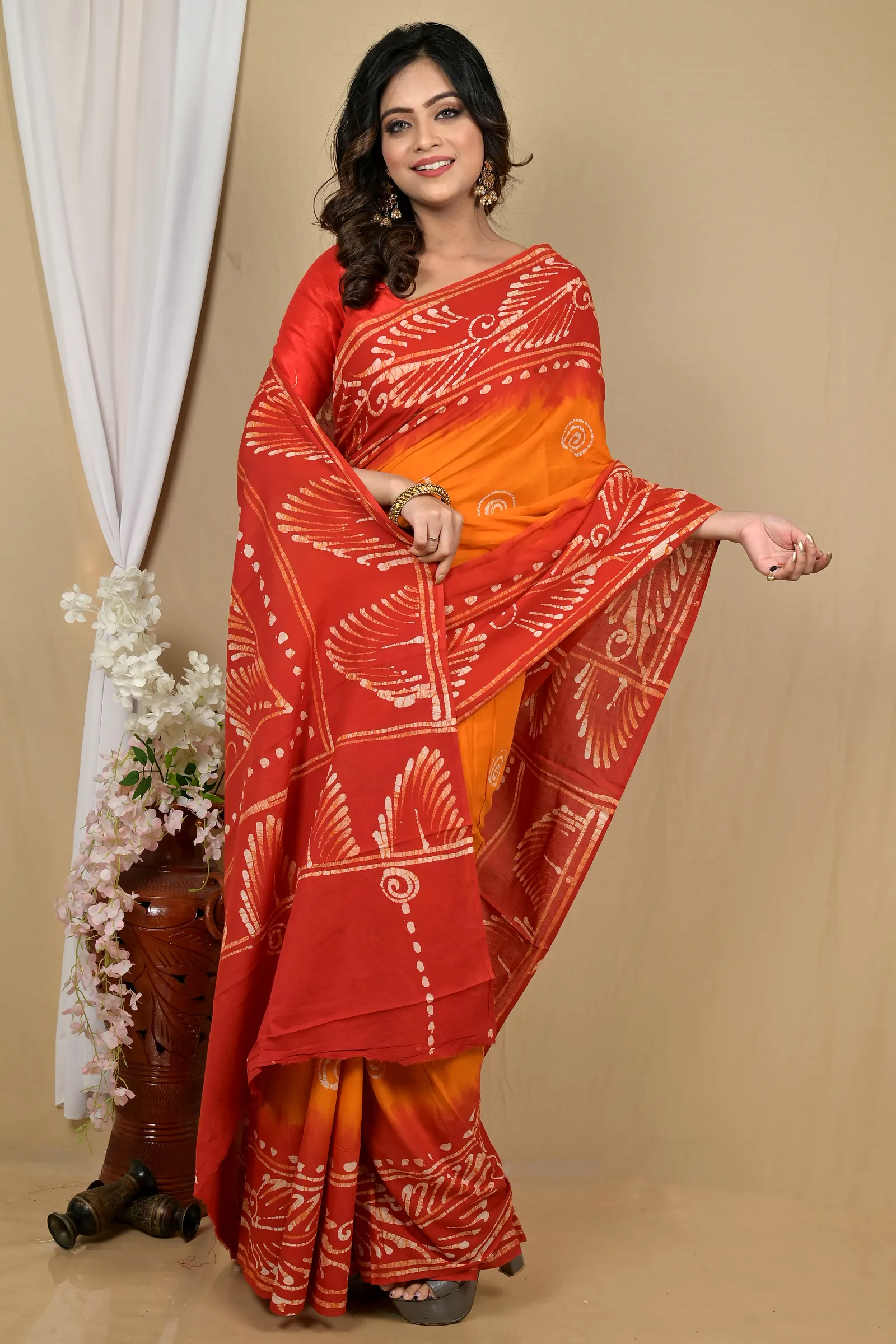 Red Yellow Pure Cotton Pihu Batik Print Saree (2140)