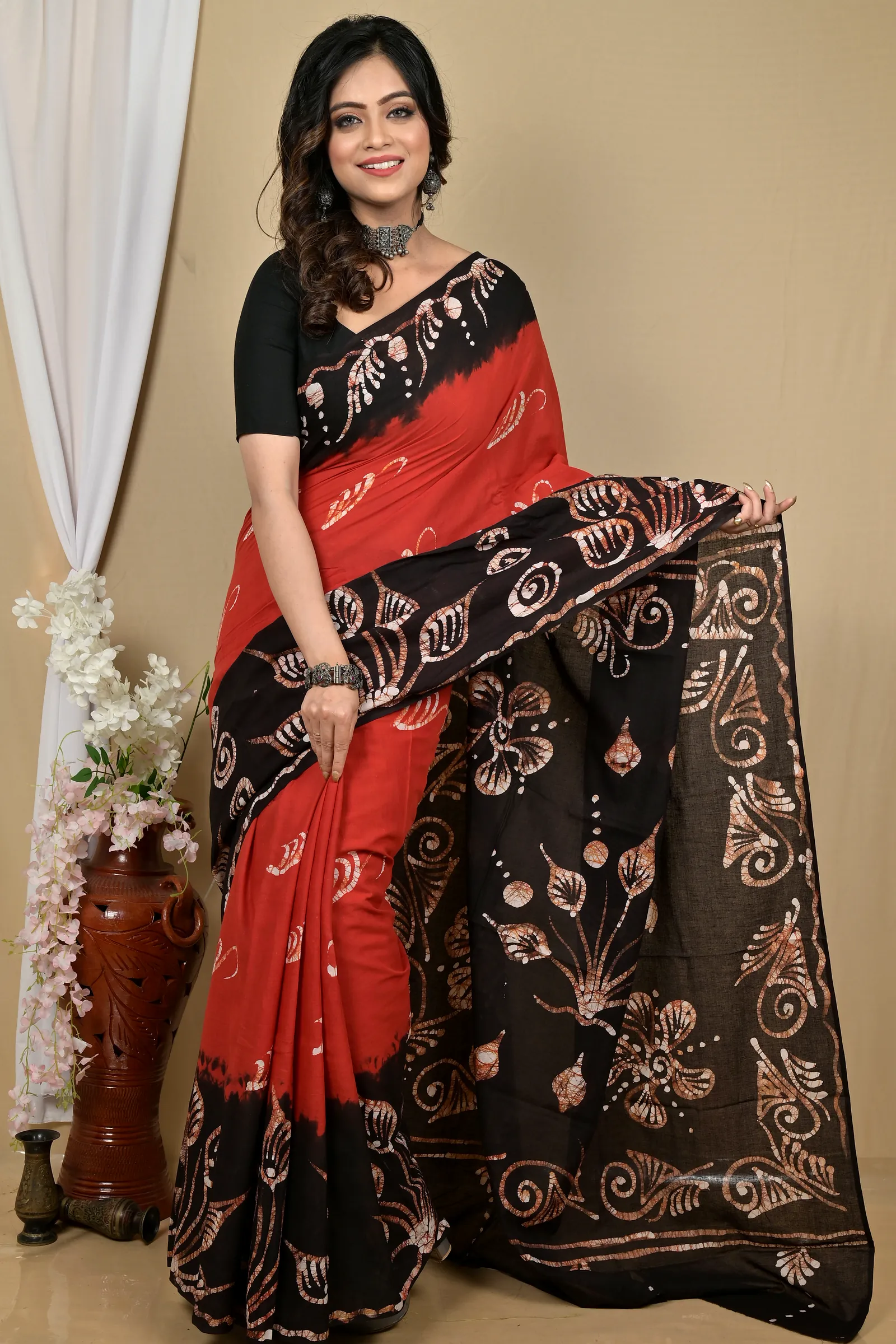 Brown Black Pure Cotton Pihu Batik Print Saree (2141)