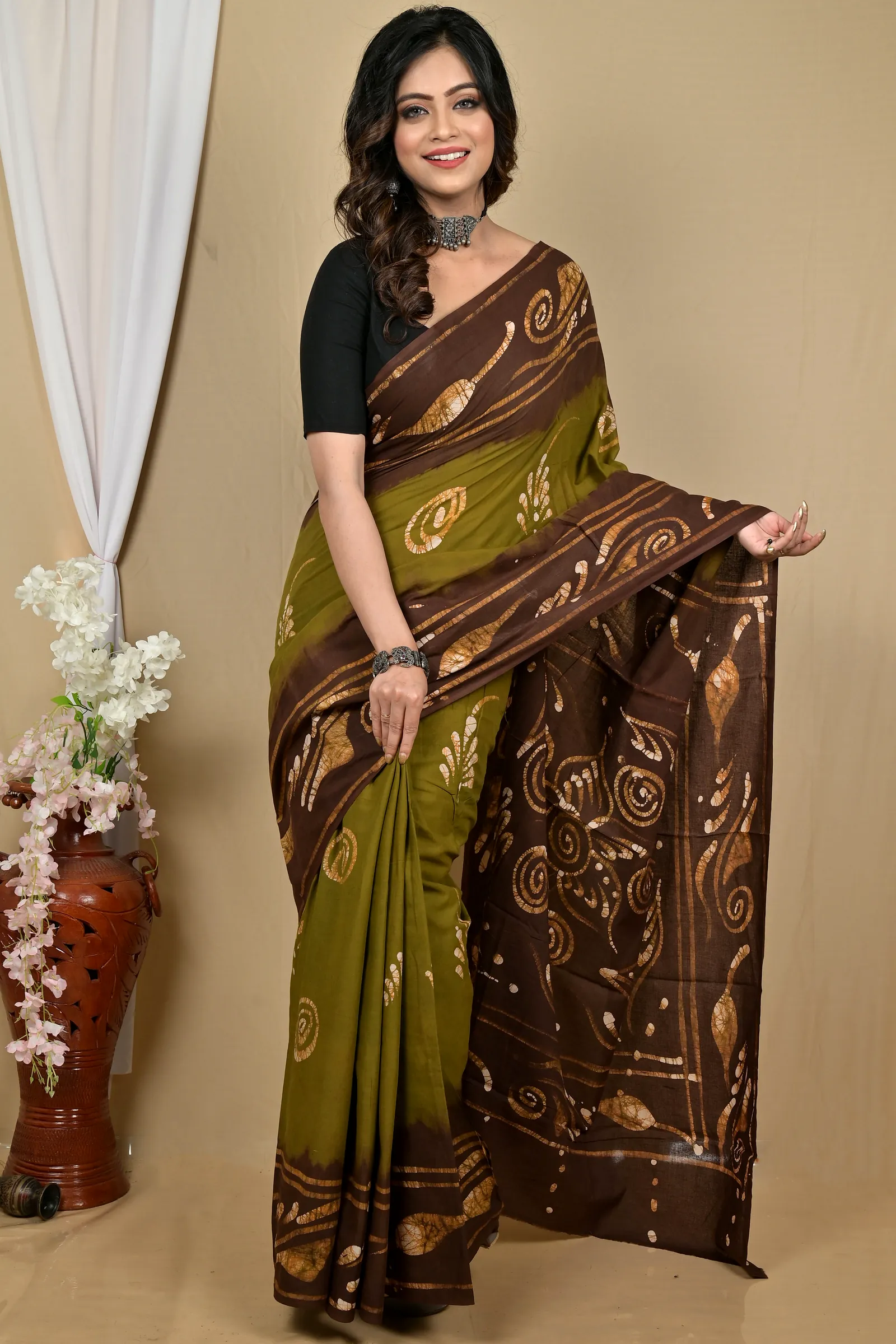 Pista Green Pure Cotton Pihu Batik Print Saree (2142)