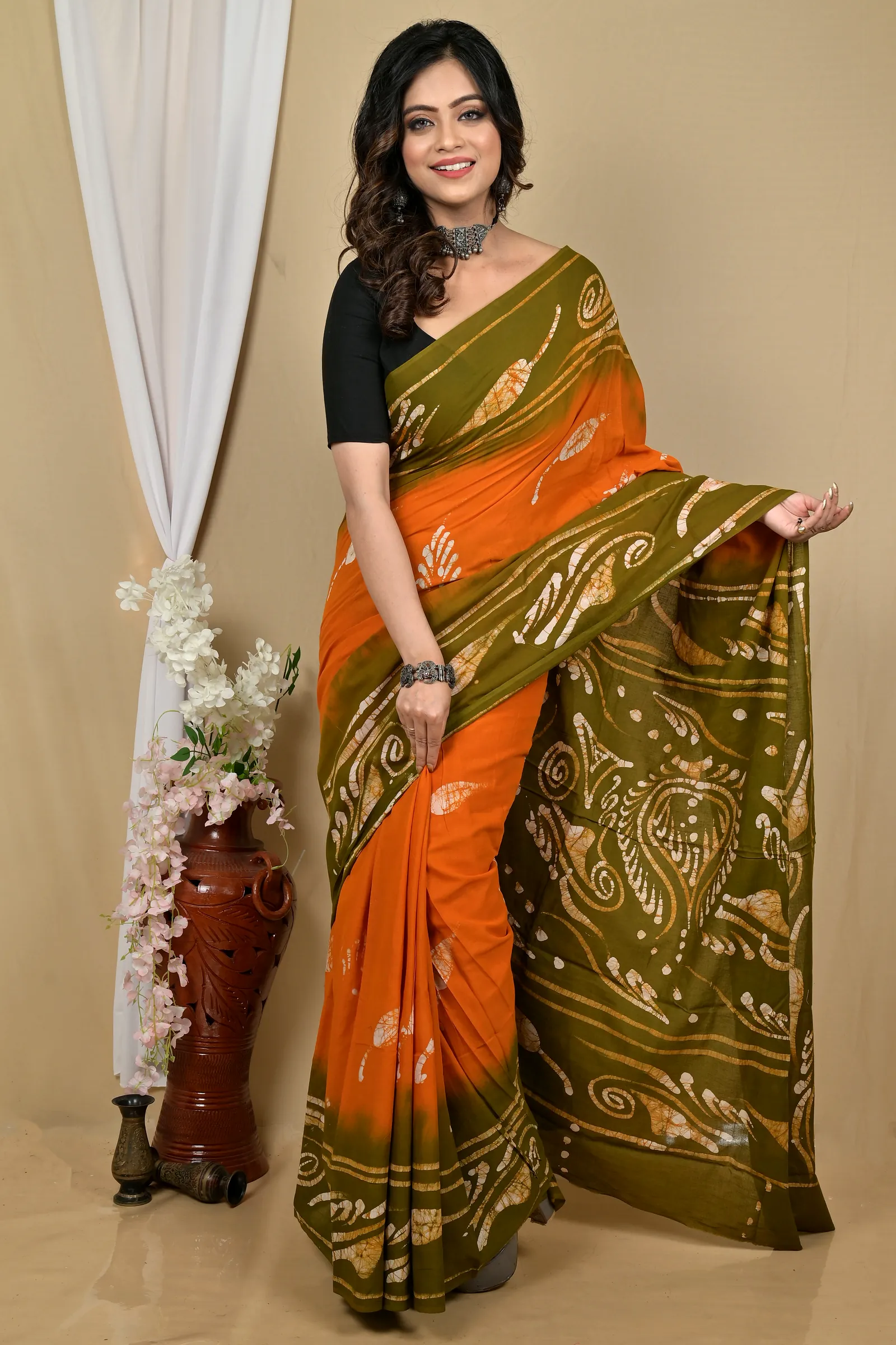 Orange Green Pure Cotton Pihu Batik Print Saree (2143)