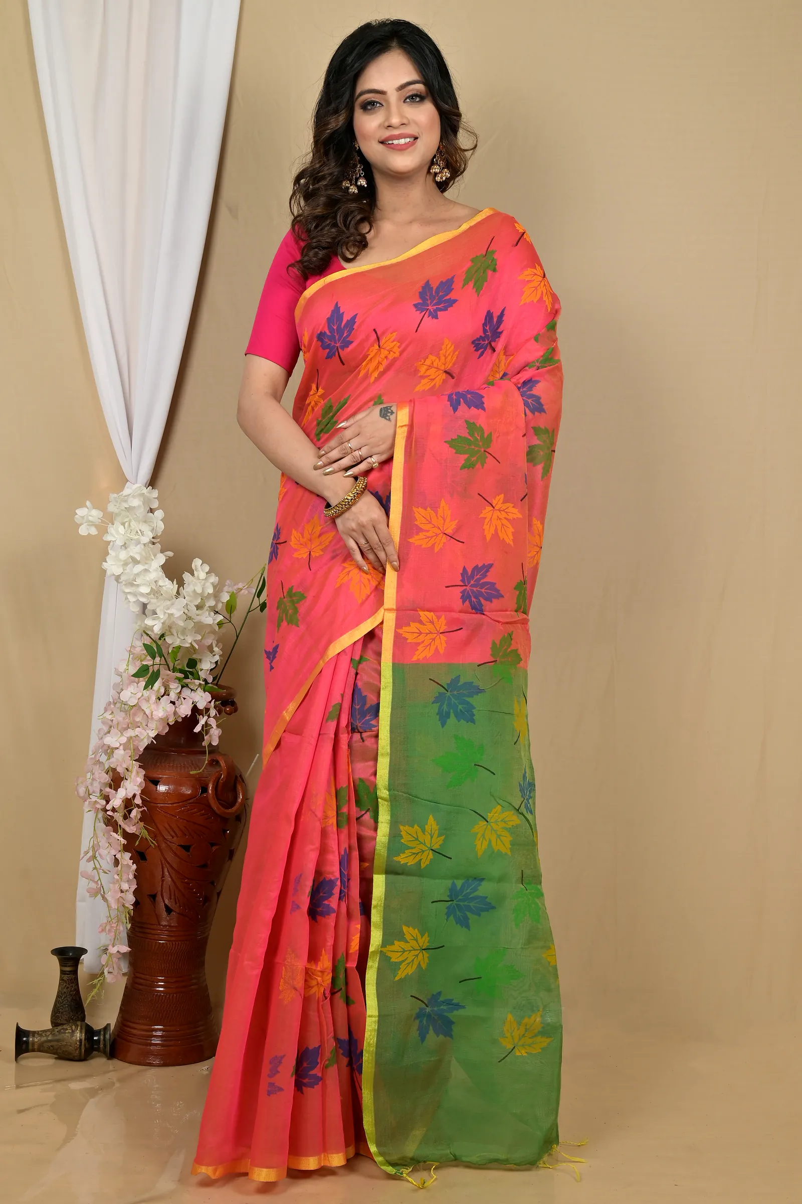 Peach Green Blended Cotton Pisha Hand Loom Saree (2145)