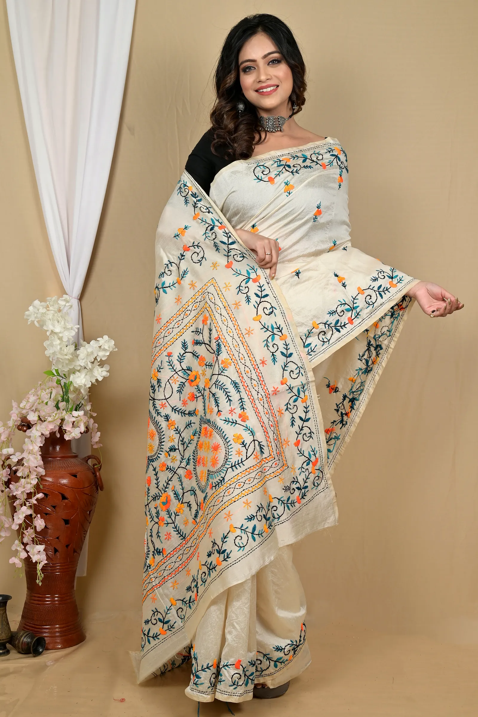 Off-White Cotton Piaja Kantha Stitch Saree (2149)