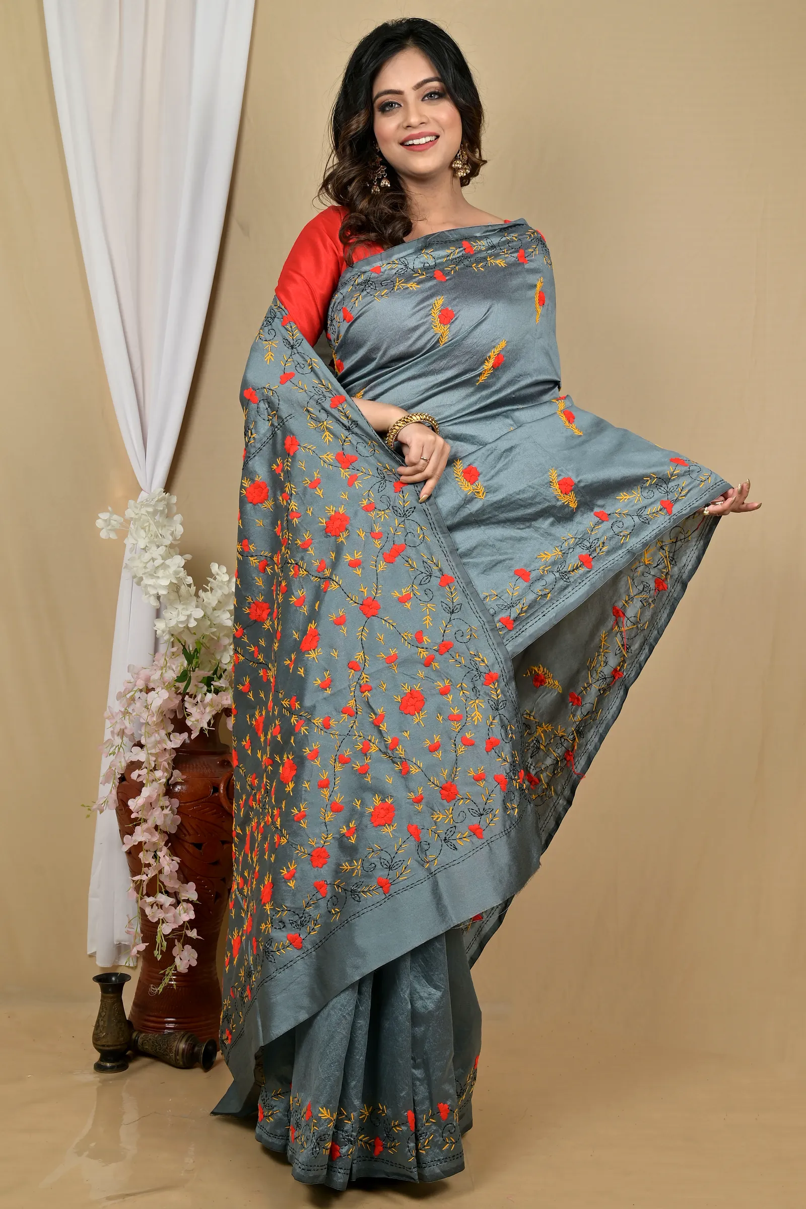 Grey Cotton Piaja Kantha Stitch Saree (2151)