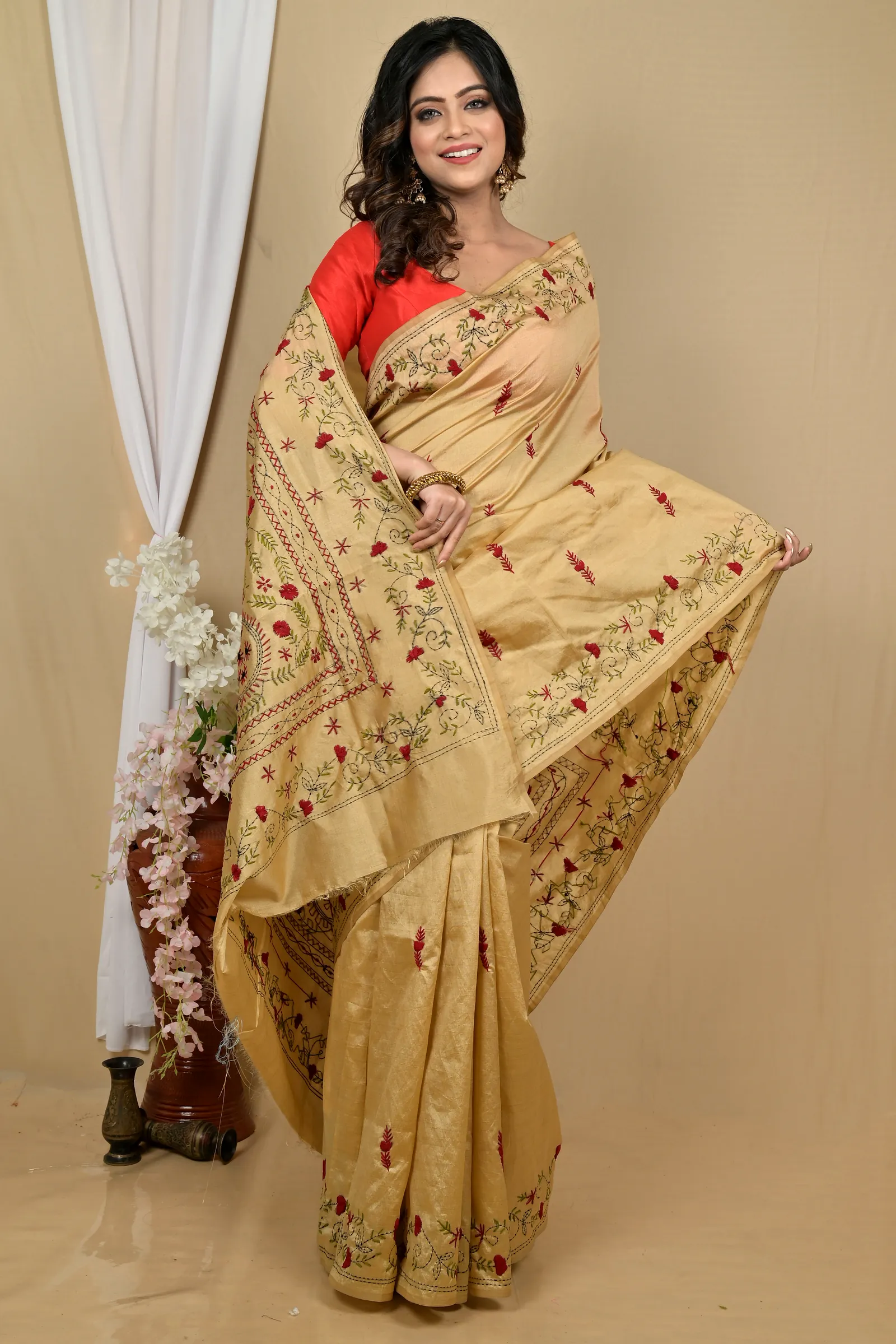 Golden Cotton Piaja Kantha Stitch Saree (2152)