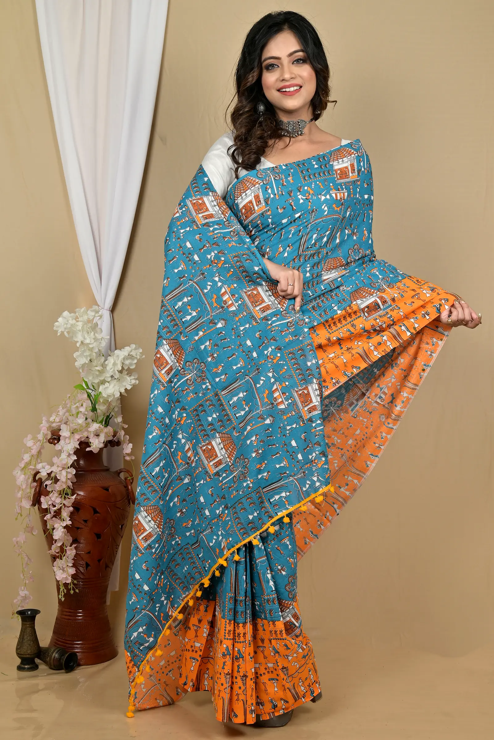 Blue Yellow Pure Cotton Giana Kalamkari Printed Saree (2154)