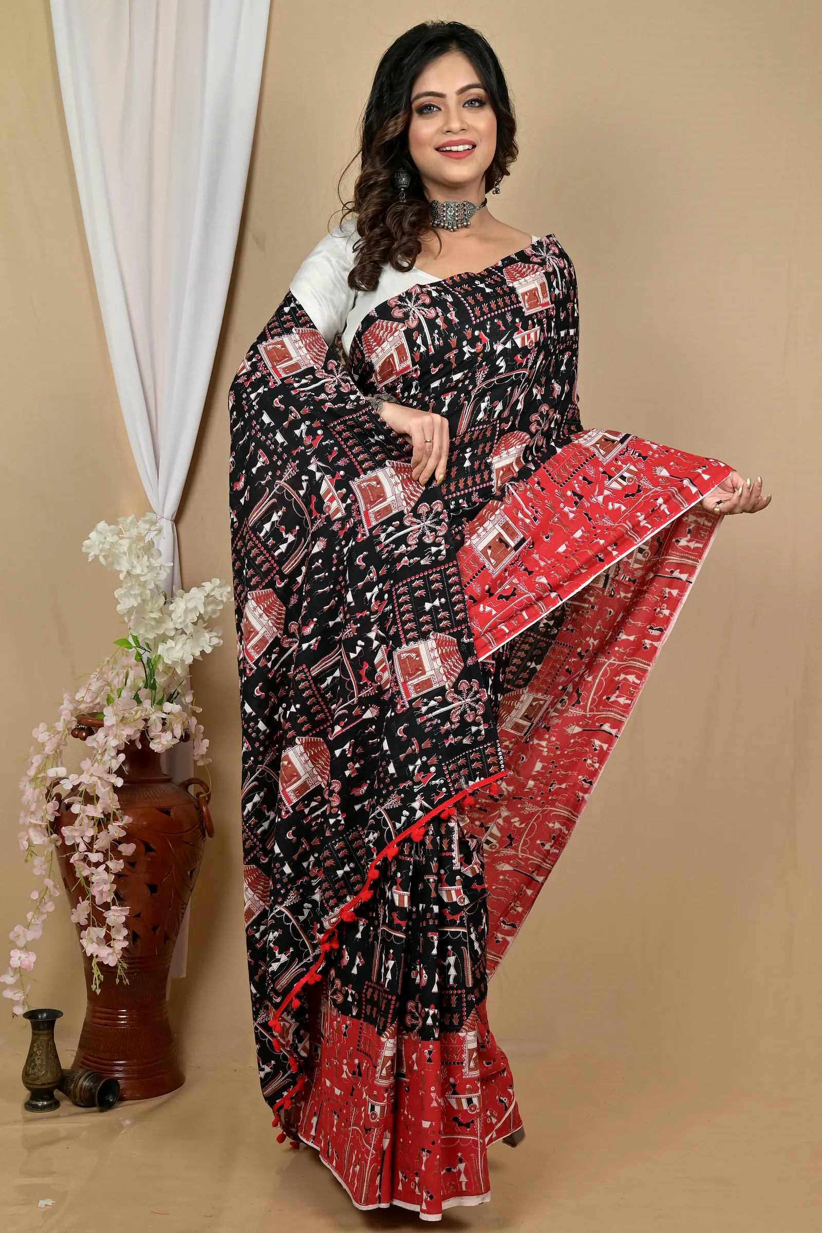 Black Red Pure Cotton Giana Kalamkari Printed Saree (2155)