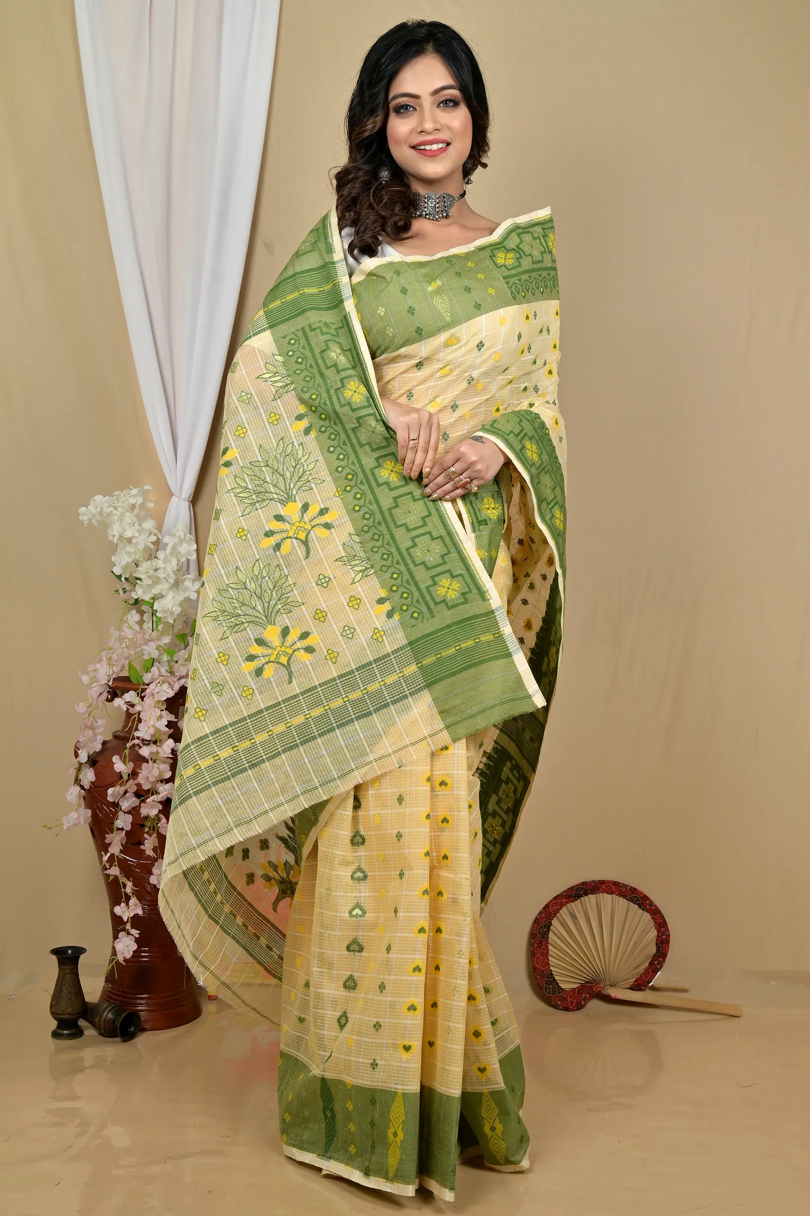 Cream Pure Cotton Ginni Jamdani Saree (2158)