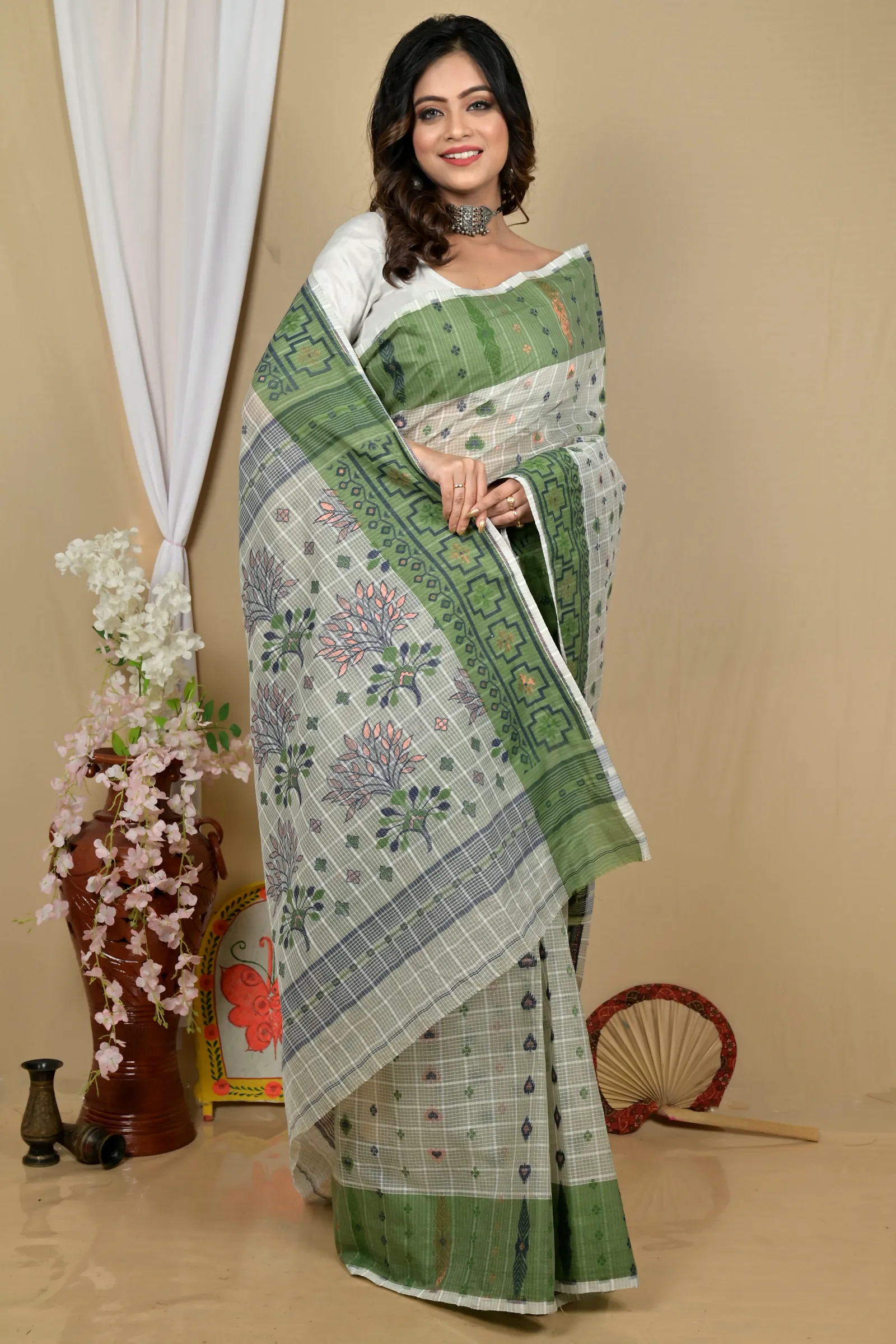 Green Pure Cotton Ginni Jamdani Saree (2159)