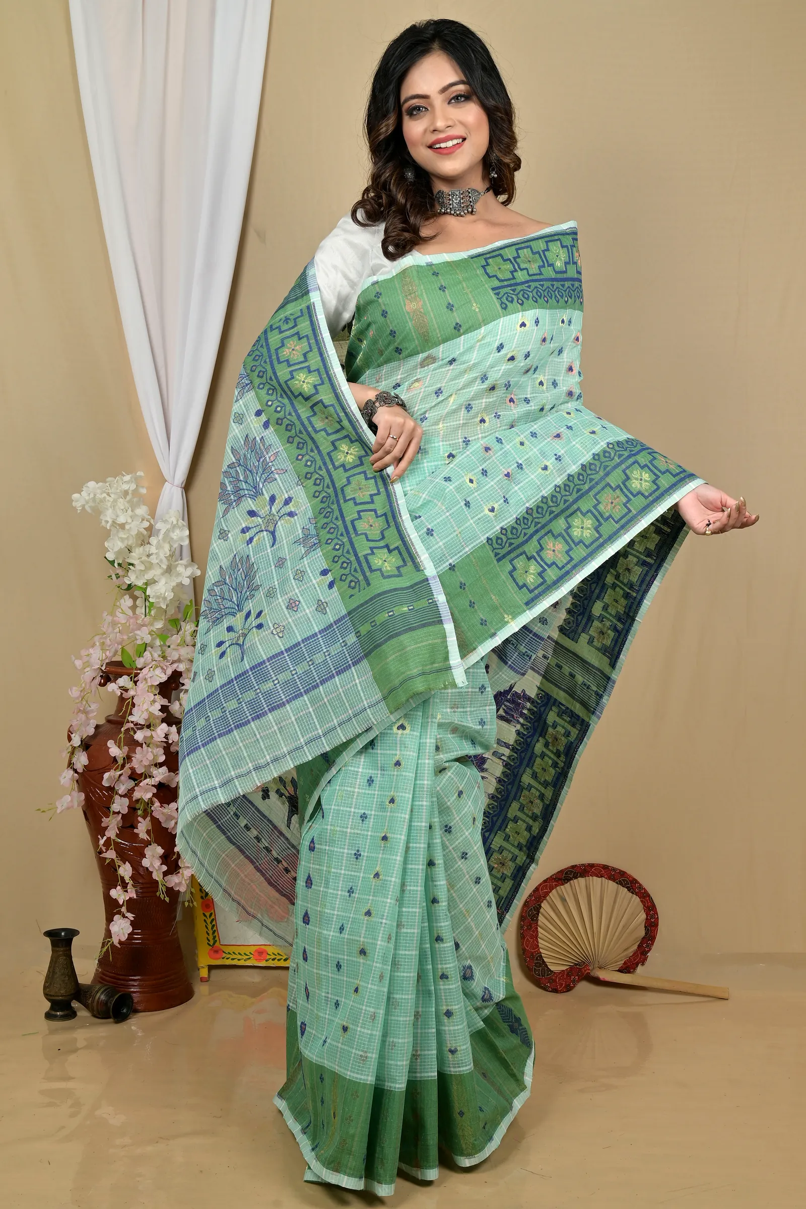 See Green Pure Cotton Ginni Jamdani Saree (2160)
