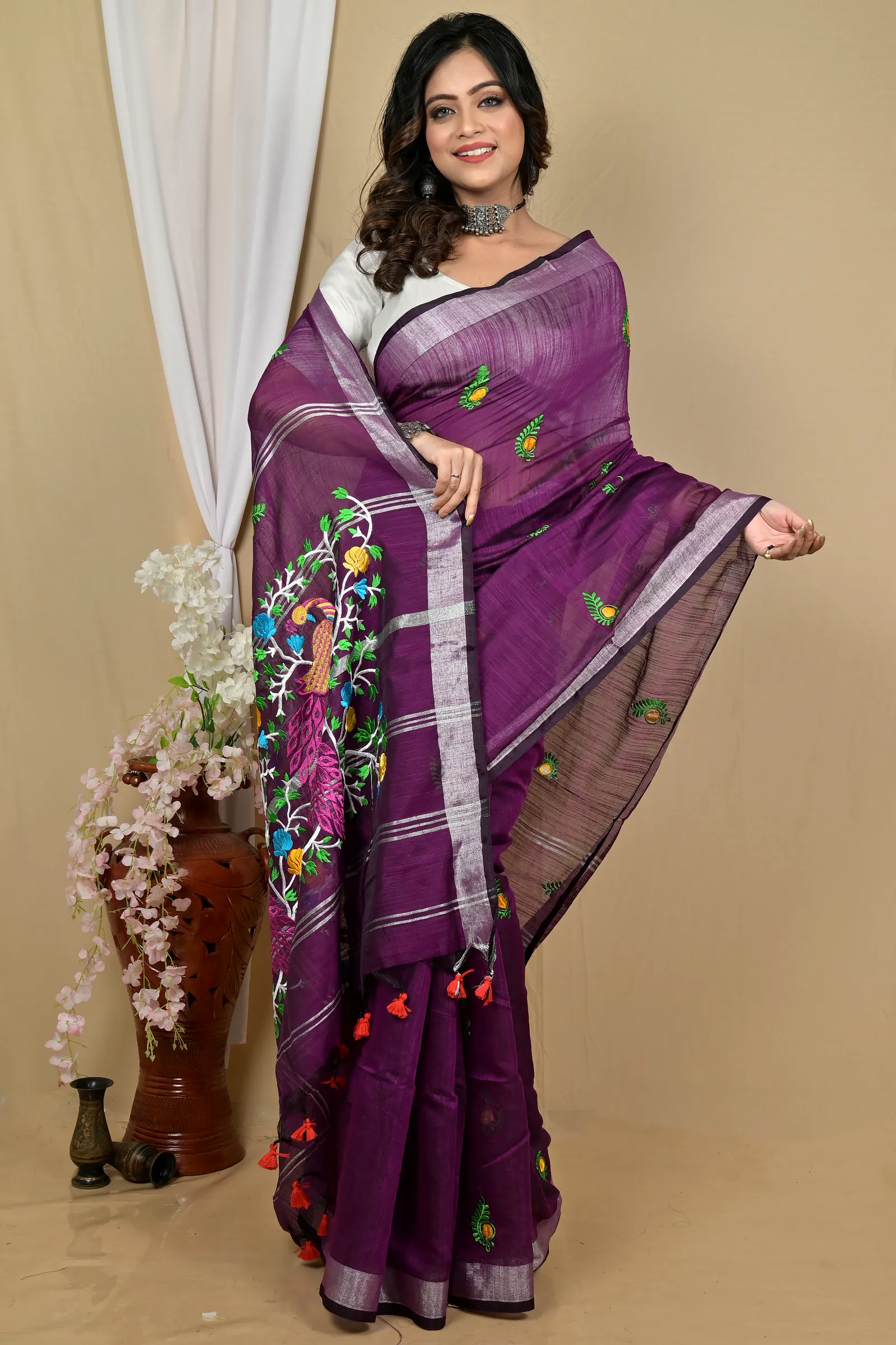 Purple Blended Cotton Gijaa Embroidery Handloom saree (2163)