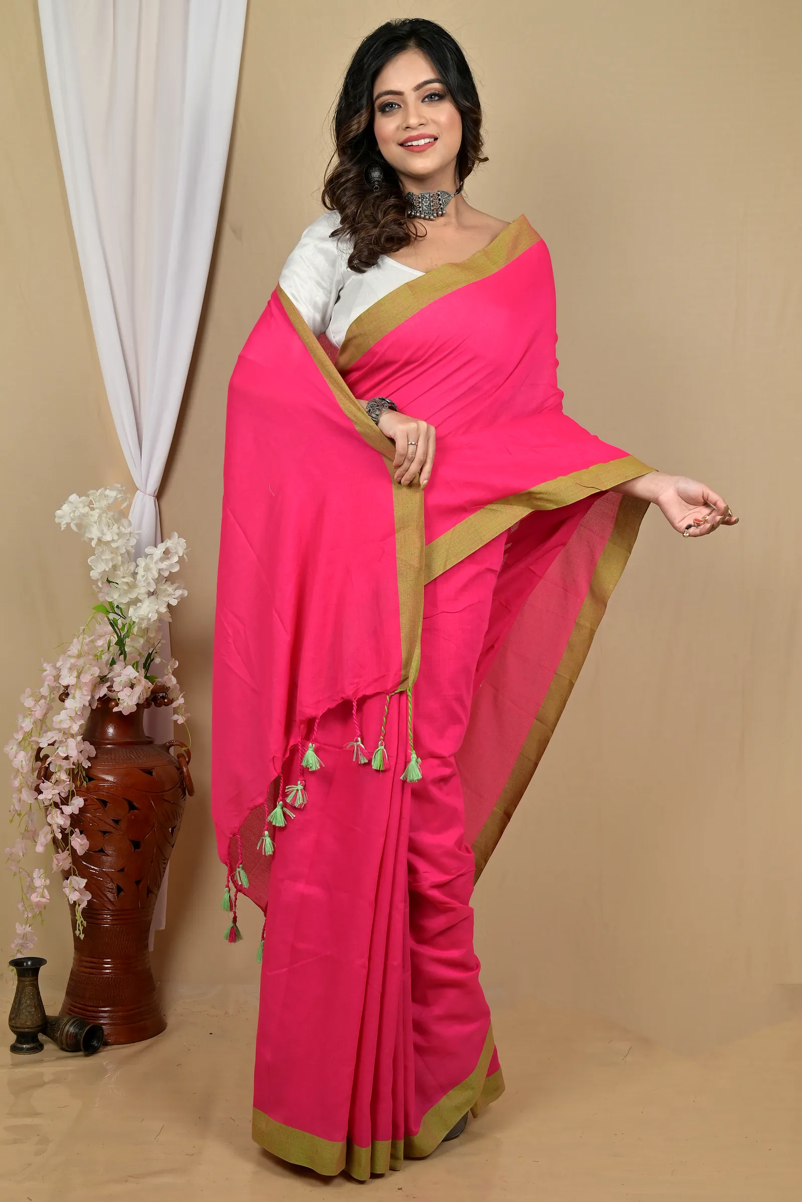 Rani Pink Pure Cotton Gittu Hand Loom Saree (2165)