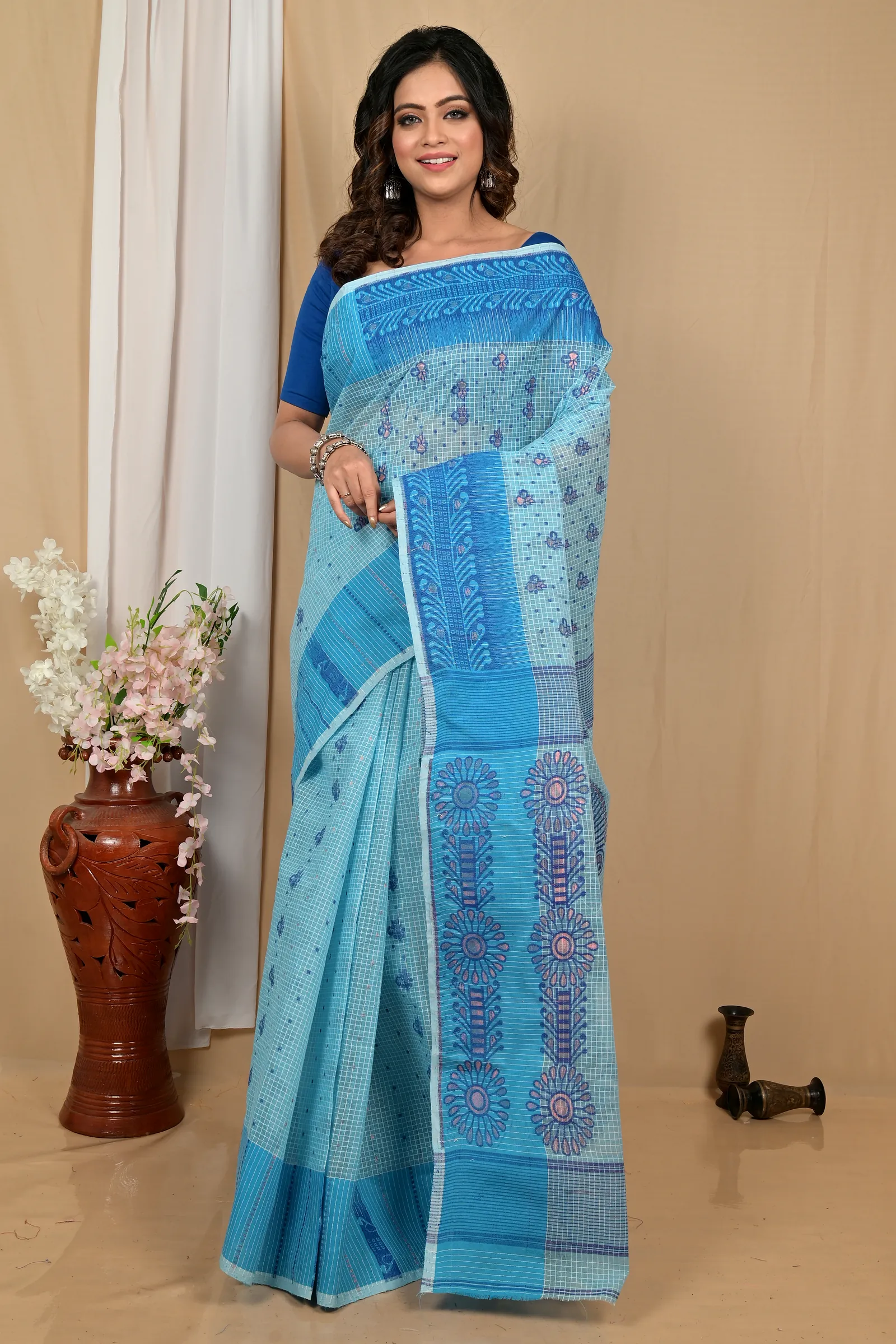 Blue Pure Cotton Achto Tant Saree (2172)