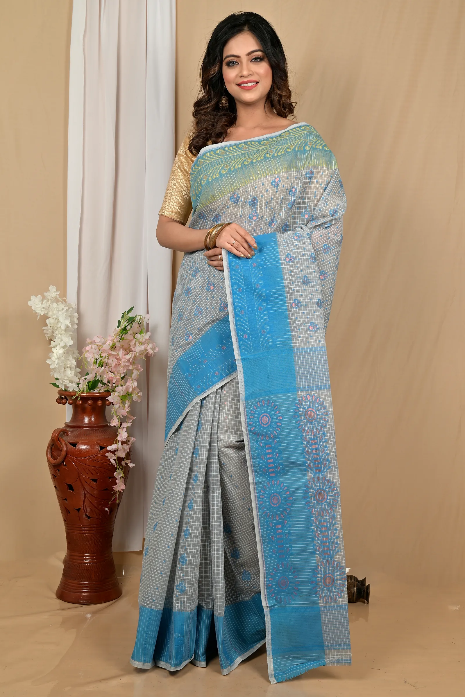 Sky Blue Pure Cotton Achto Tant Saree (2174)