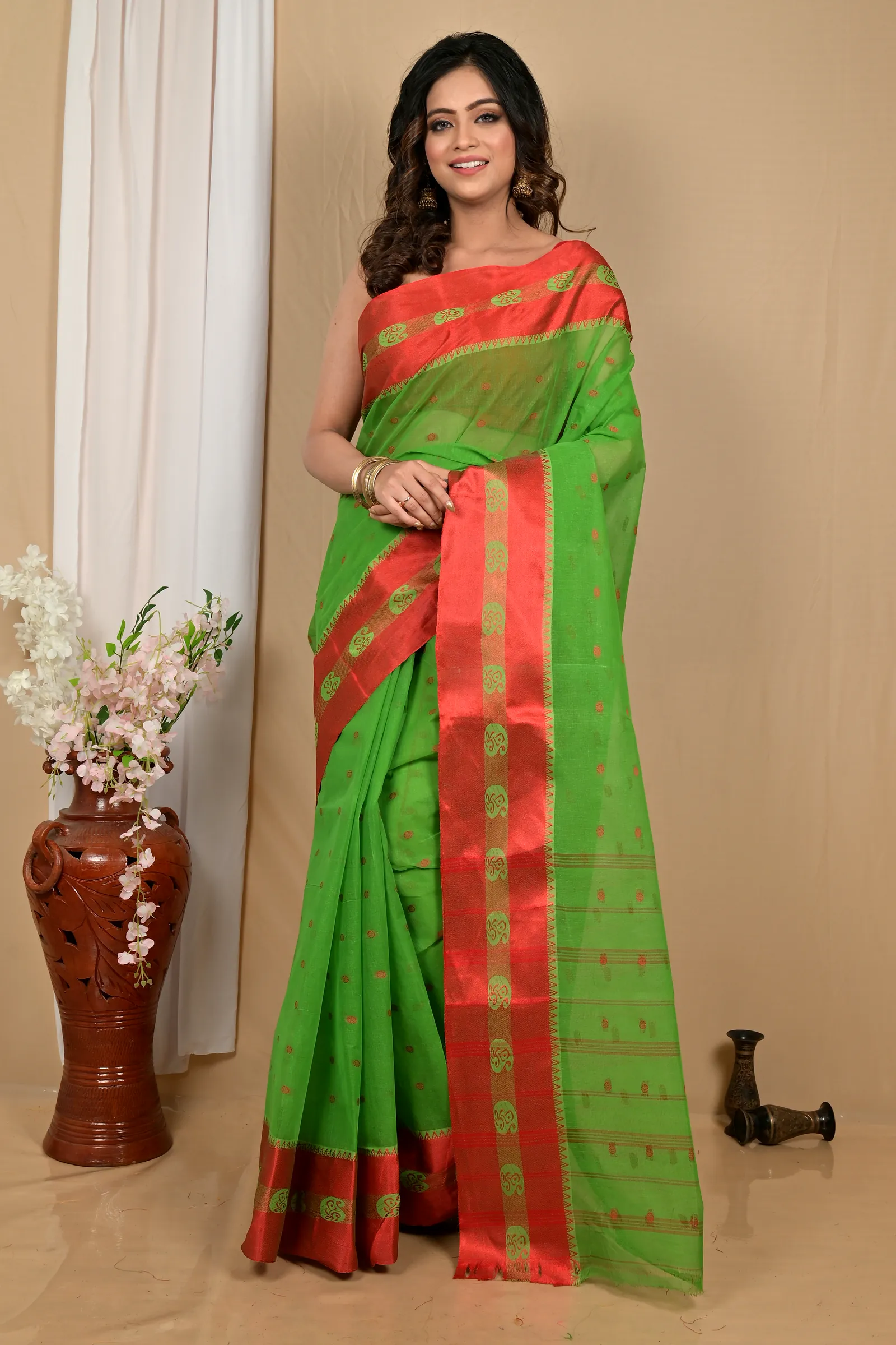 Green Red Pure Cotton Achma Tant Saree (2176)