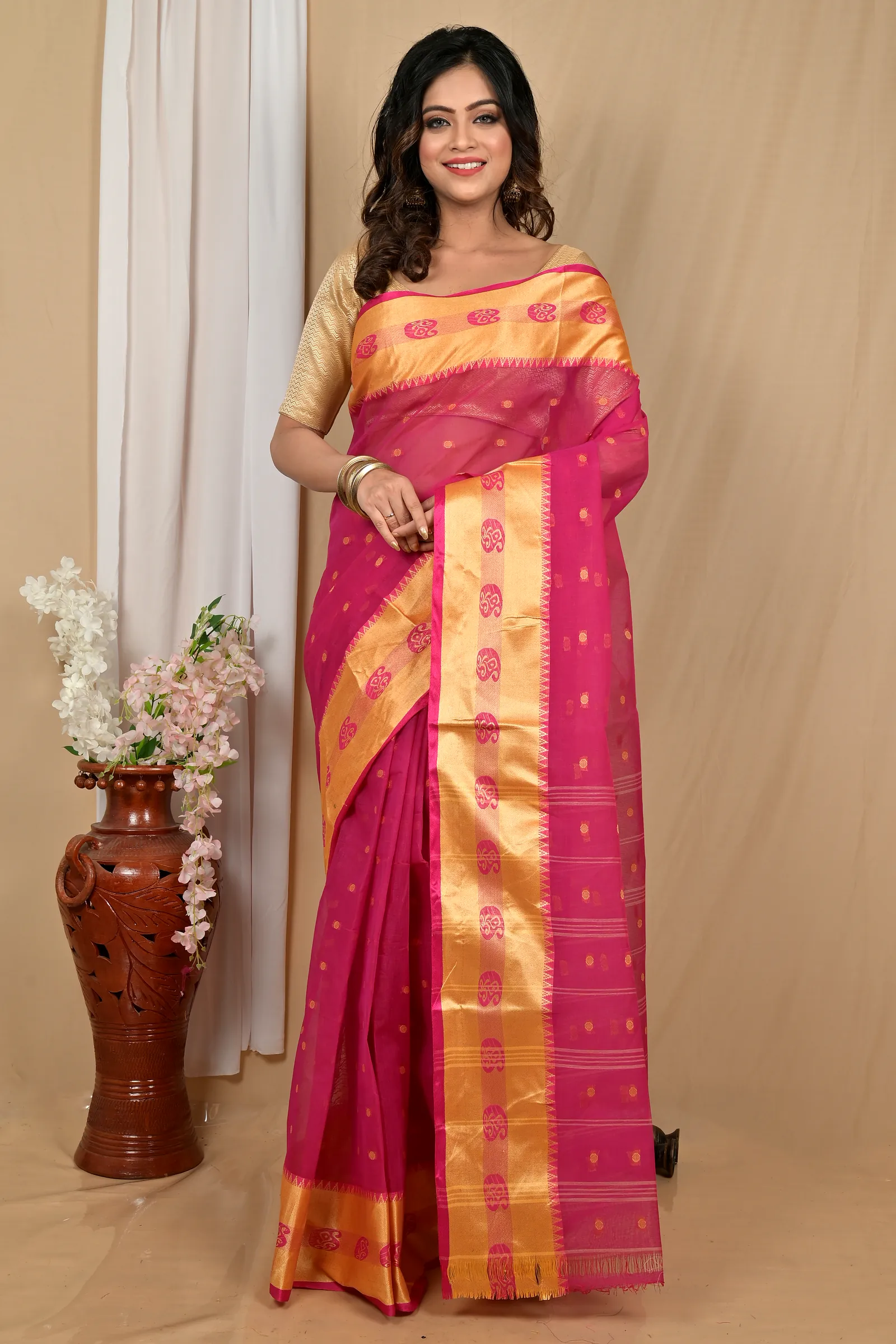 Pink Gold Pure Cotton Achma Tant Saree (2178)