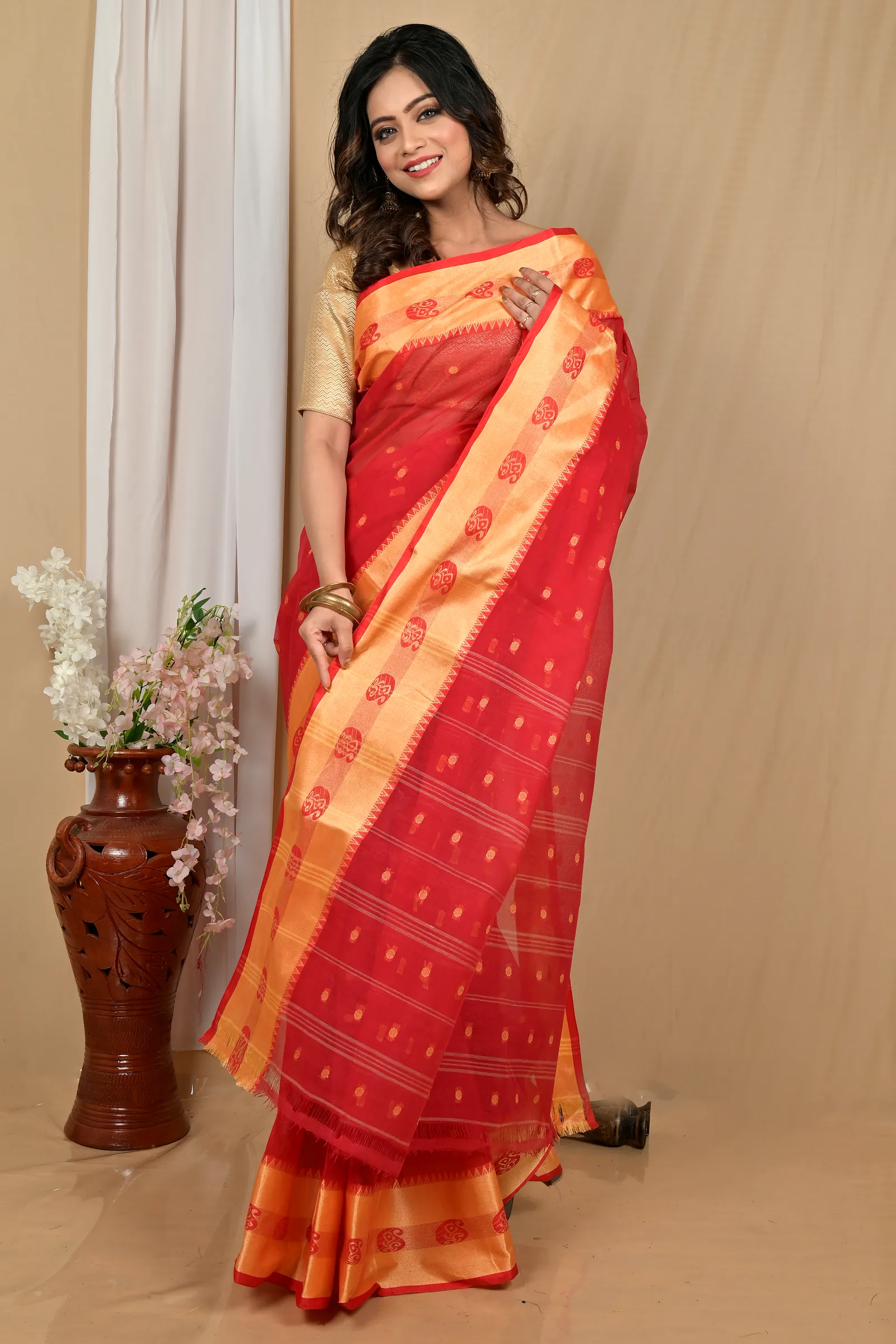 Red Gold Pure Cotton Achma Tant Saree (2179)