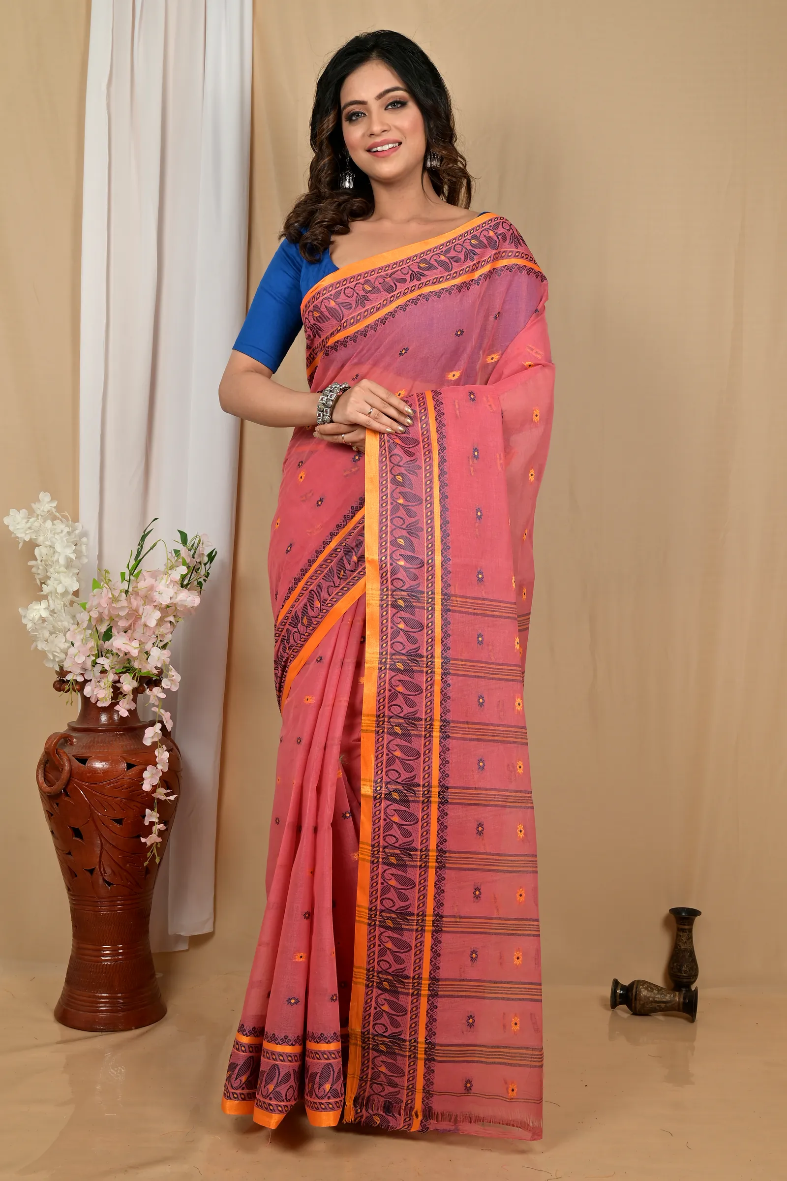 Peach Pure Cotton Achlin Tant Saree (2182)