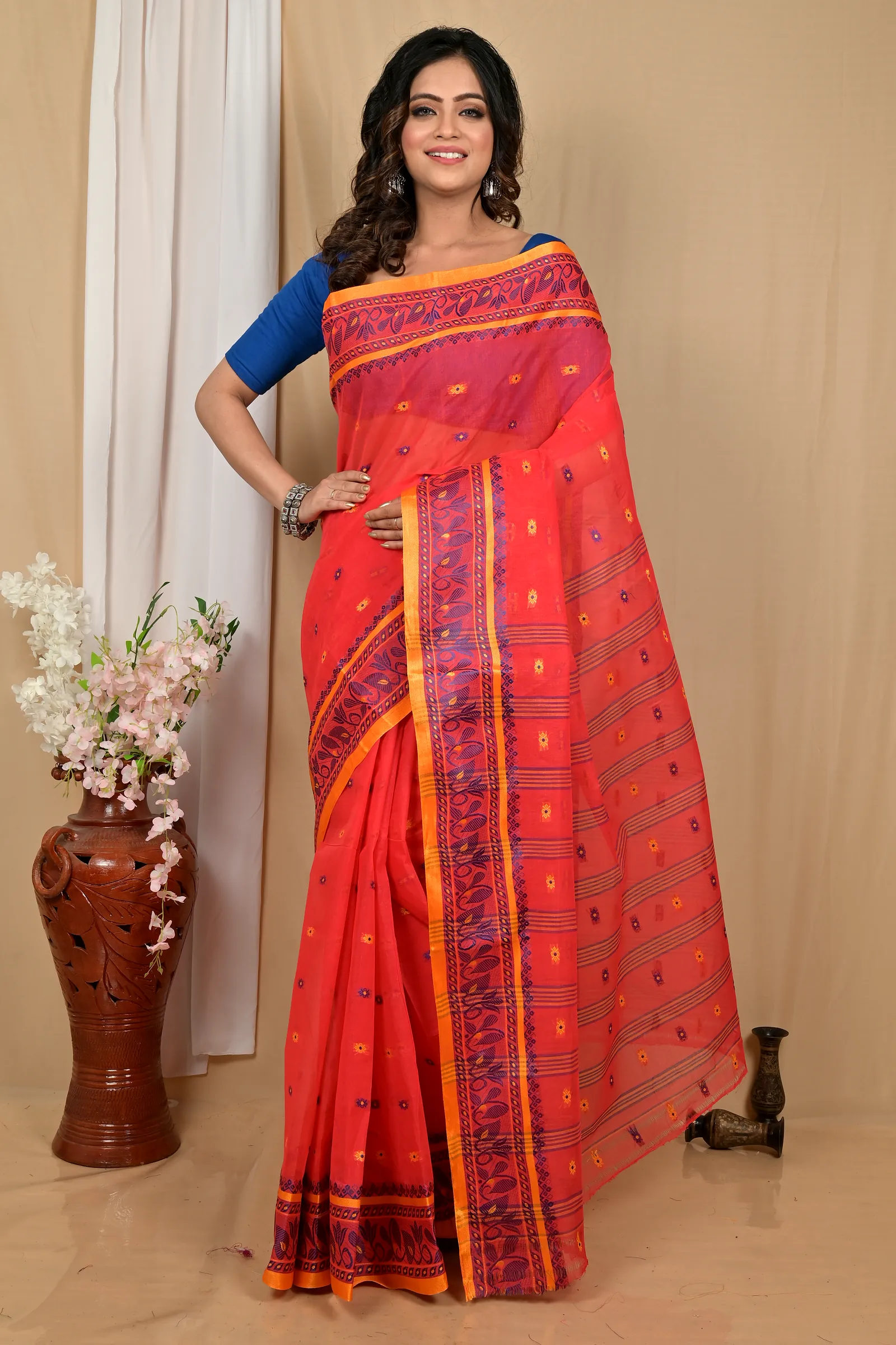 Red Pure Cotton Achlin Tant Saree (2183)