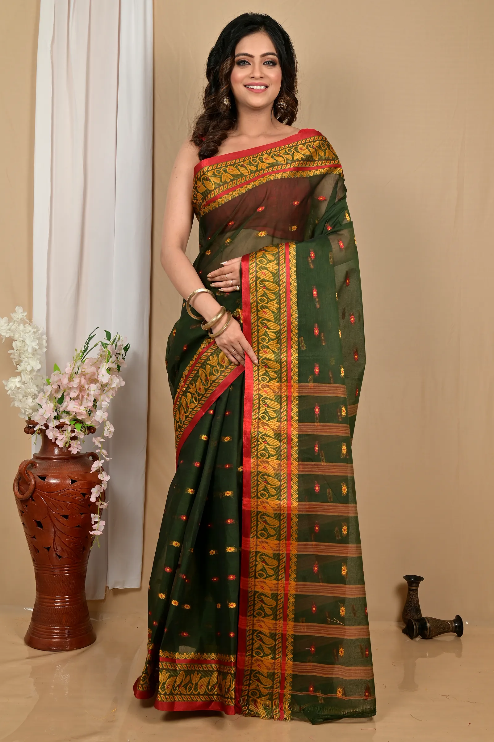 Dark Green Pure Cotton Achlin Tant Saree (2185)