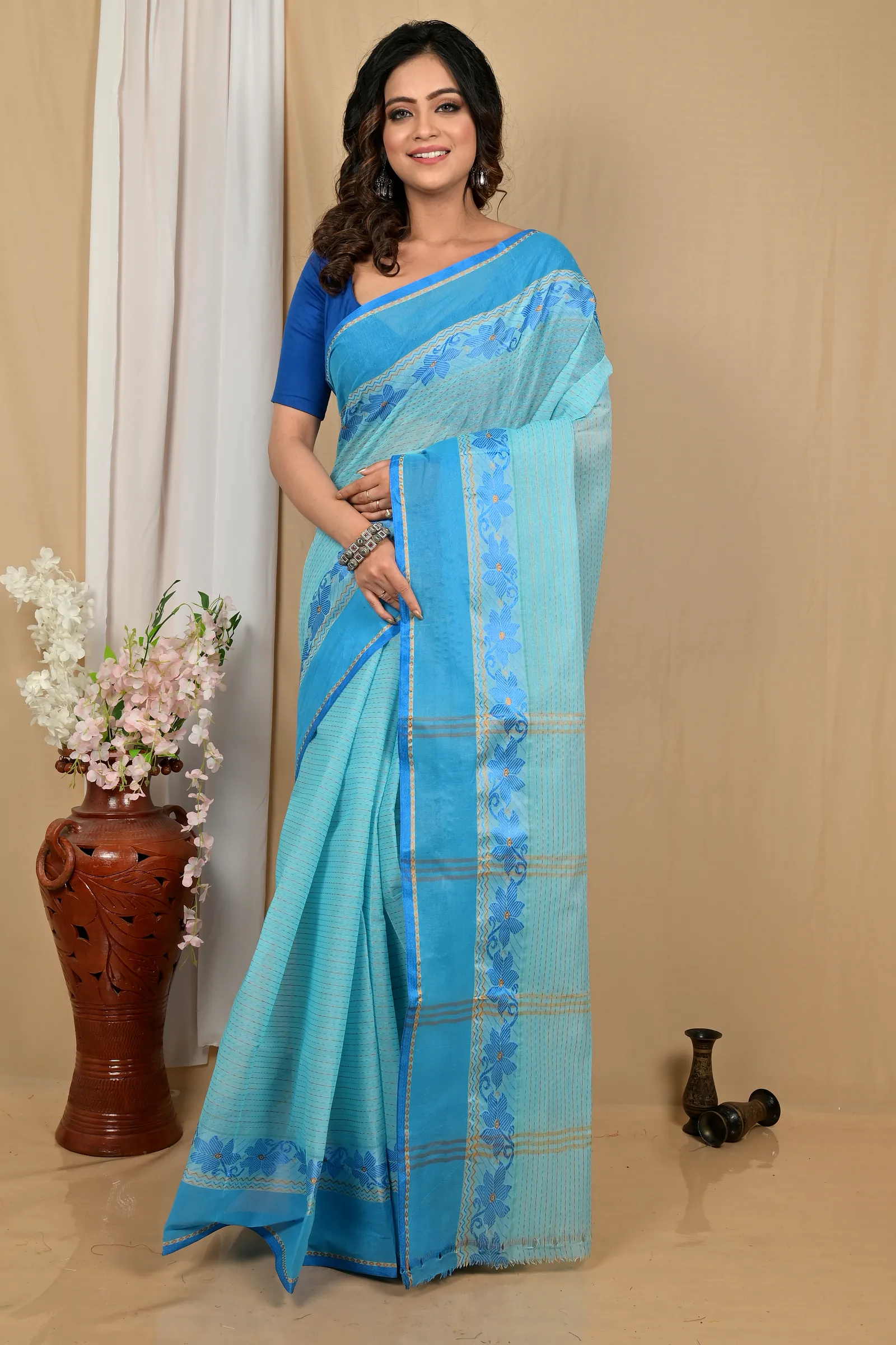 Sky Blue Pure Cotton Achpan Tant Saree (2194)