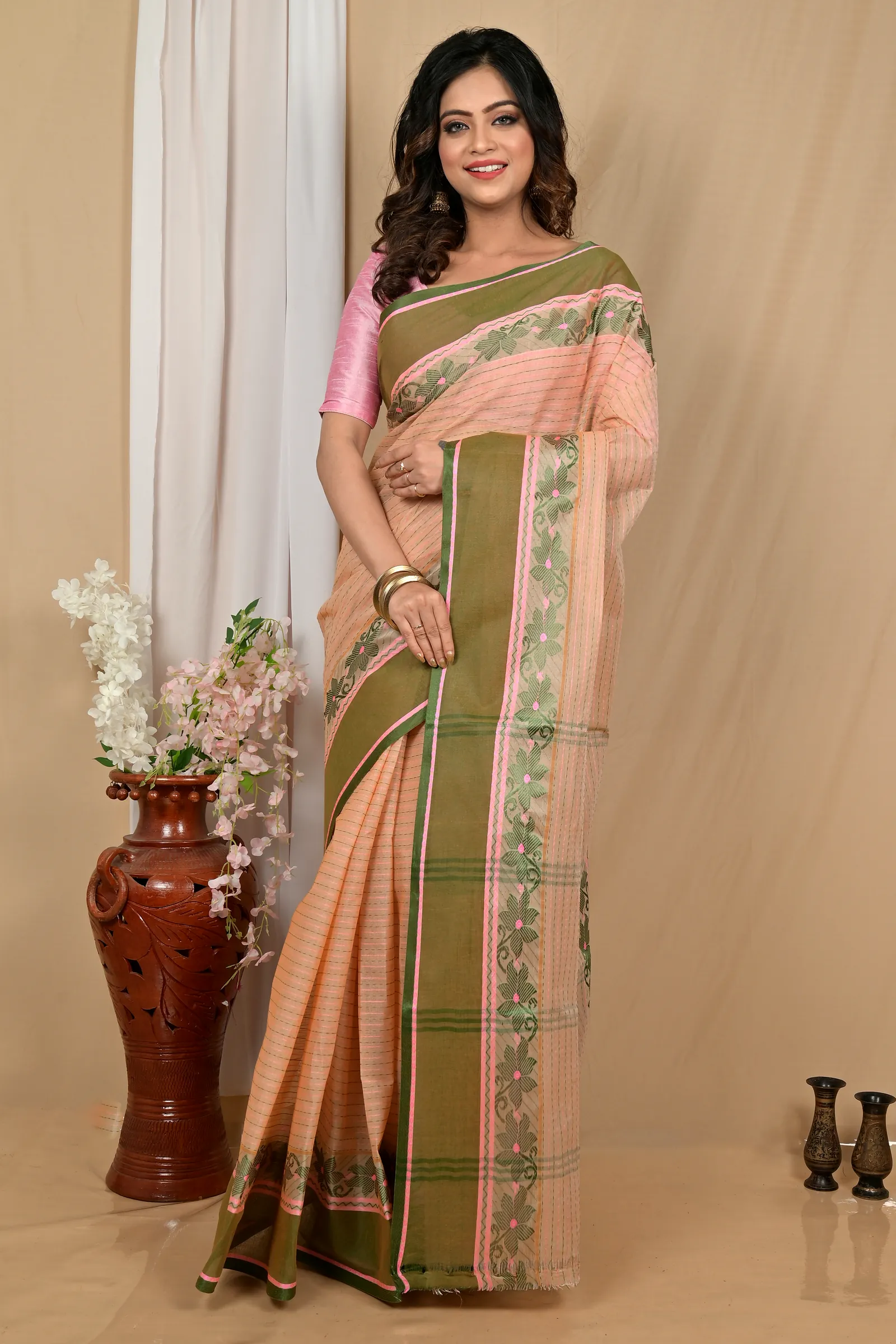 Soft Peach Pure Cotton Achpan Tant Saree (2199)